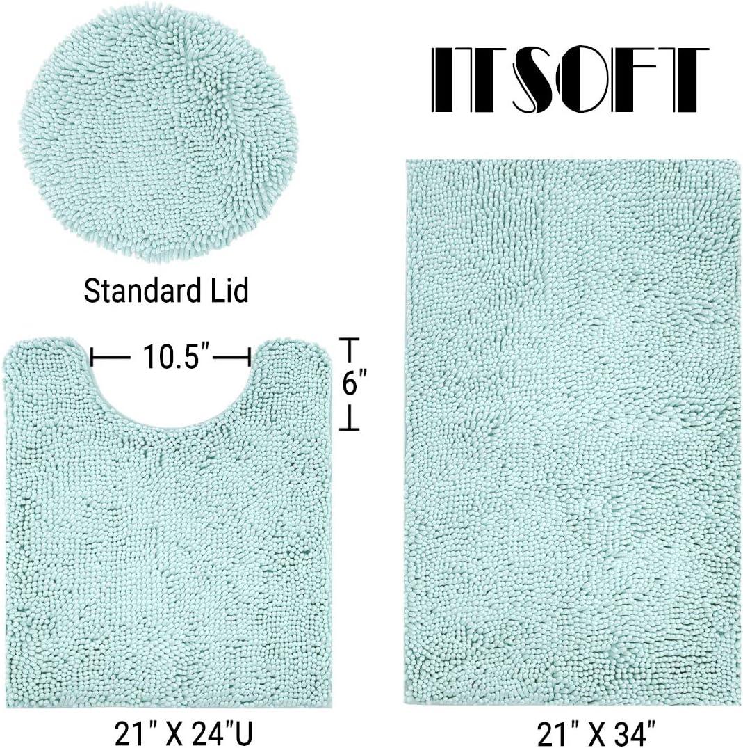 ITSOFT 3pc Non-Slip Shaggy Chenille Bathroom Mat Set, Includes 24 x 21 Inches U-Shaped Contour Toilet Rug, 34 x 21 Inches Bathmat and 1 Toilet Lid Cover, Spa Blue