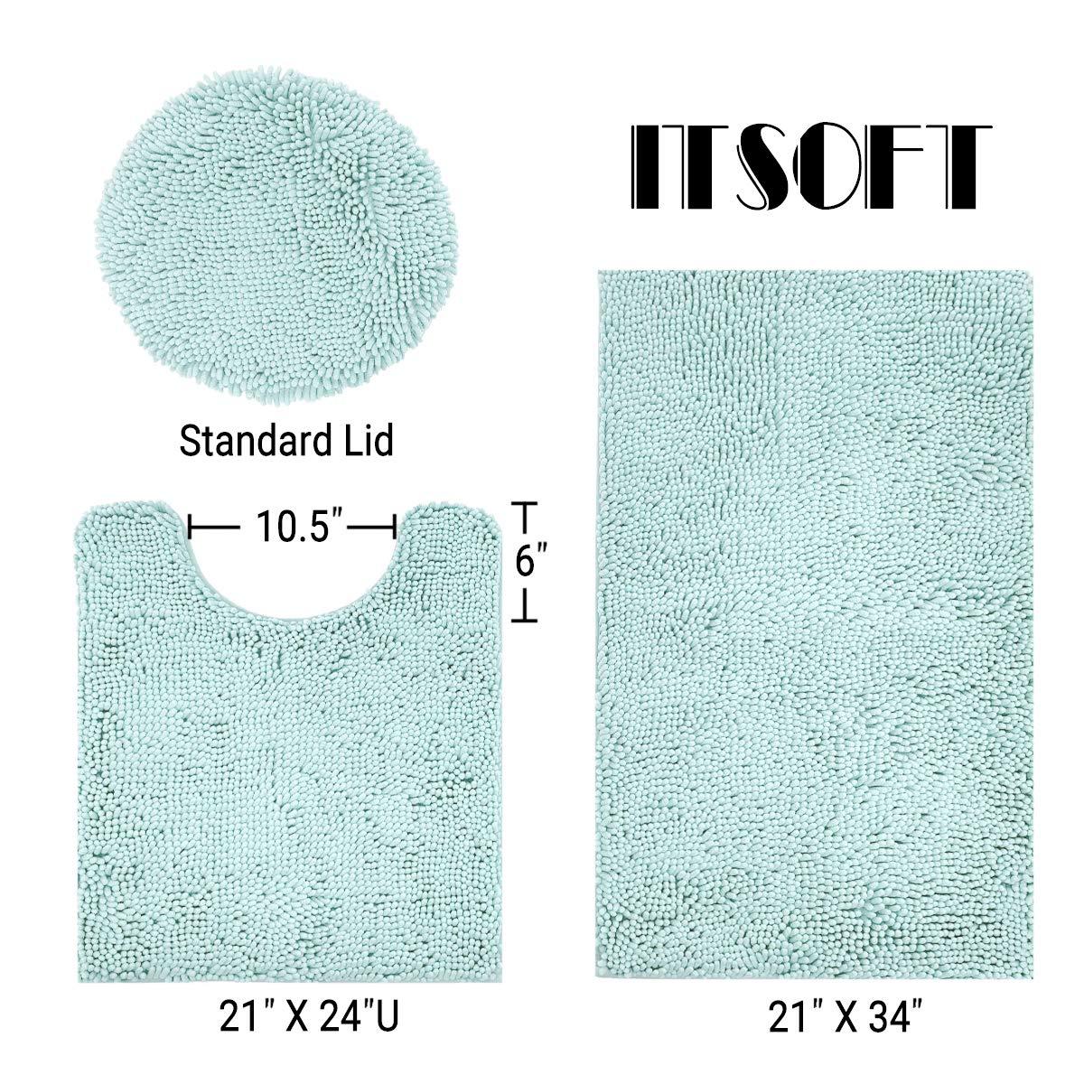 ITSOFT 3pc Non-Slip Shaggy Chenille Bathroom Mat Set, Includes 24 x 21 Inches U-Shaped Contour Toilet Rug, 34 x 21 Inches Bathmat and 1 Toilet Lid Cover, Spa Blue