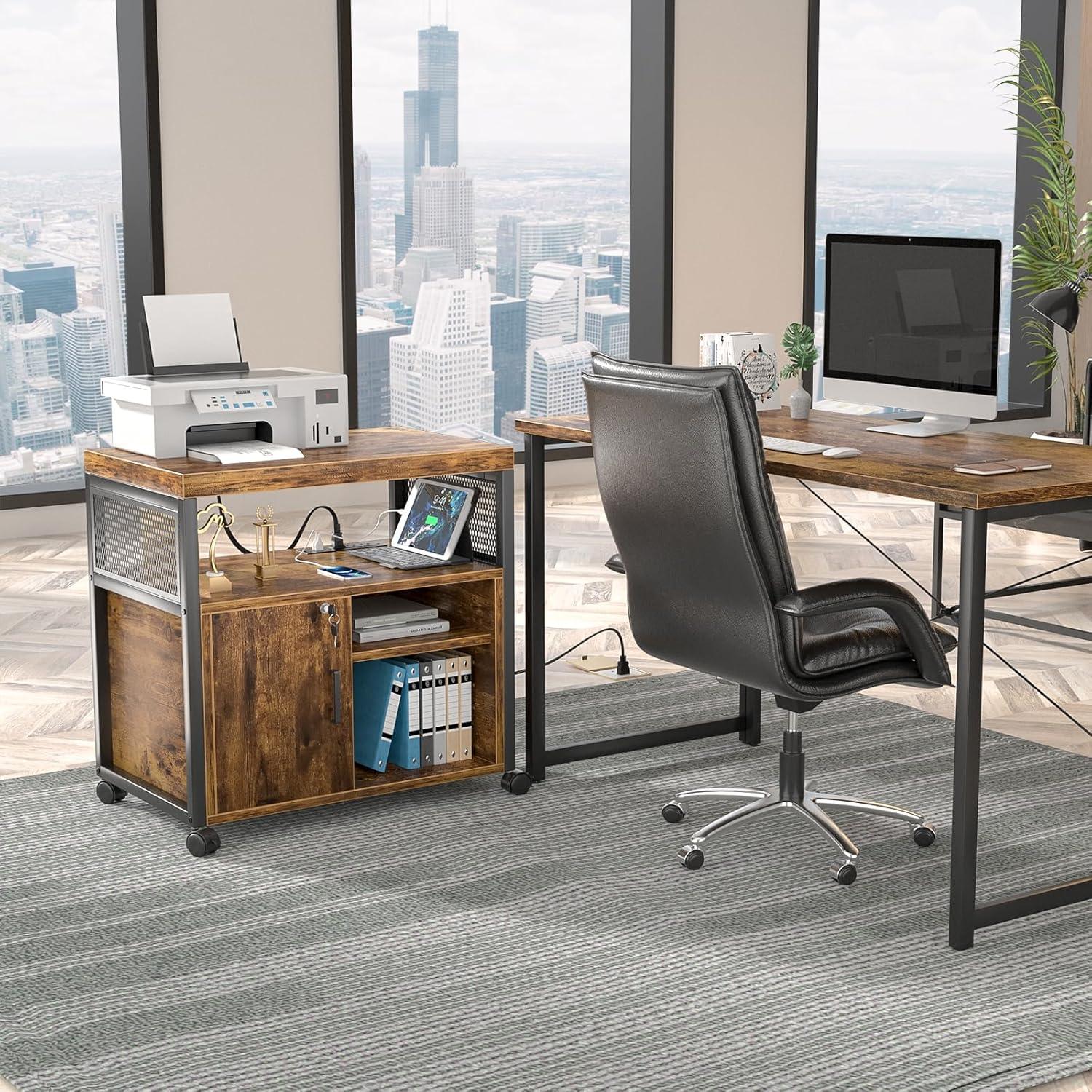 File Cabinet, Locking Office Filing Cabinets with Socket and USB Charging Port, Modern Rolling Printer Stand with Storage for Printer Scanner Fax Home Office Use with Wheels,Brown