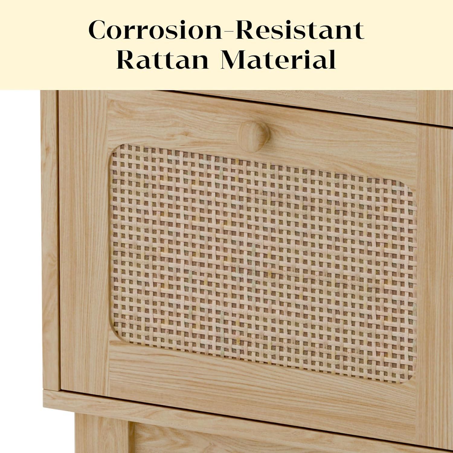 Tolead Rattan Mid-Century Modern Nightstand Set with Handmade Rattan Decorated Drawer and Door, Bedroom, Living Room, Natural