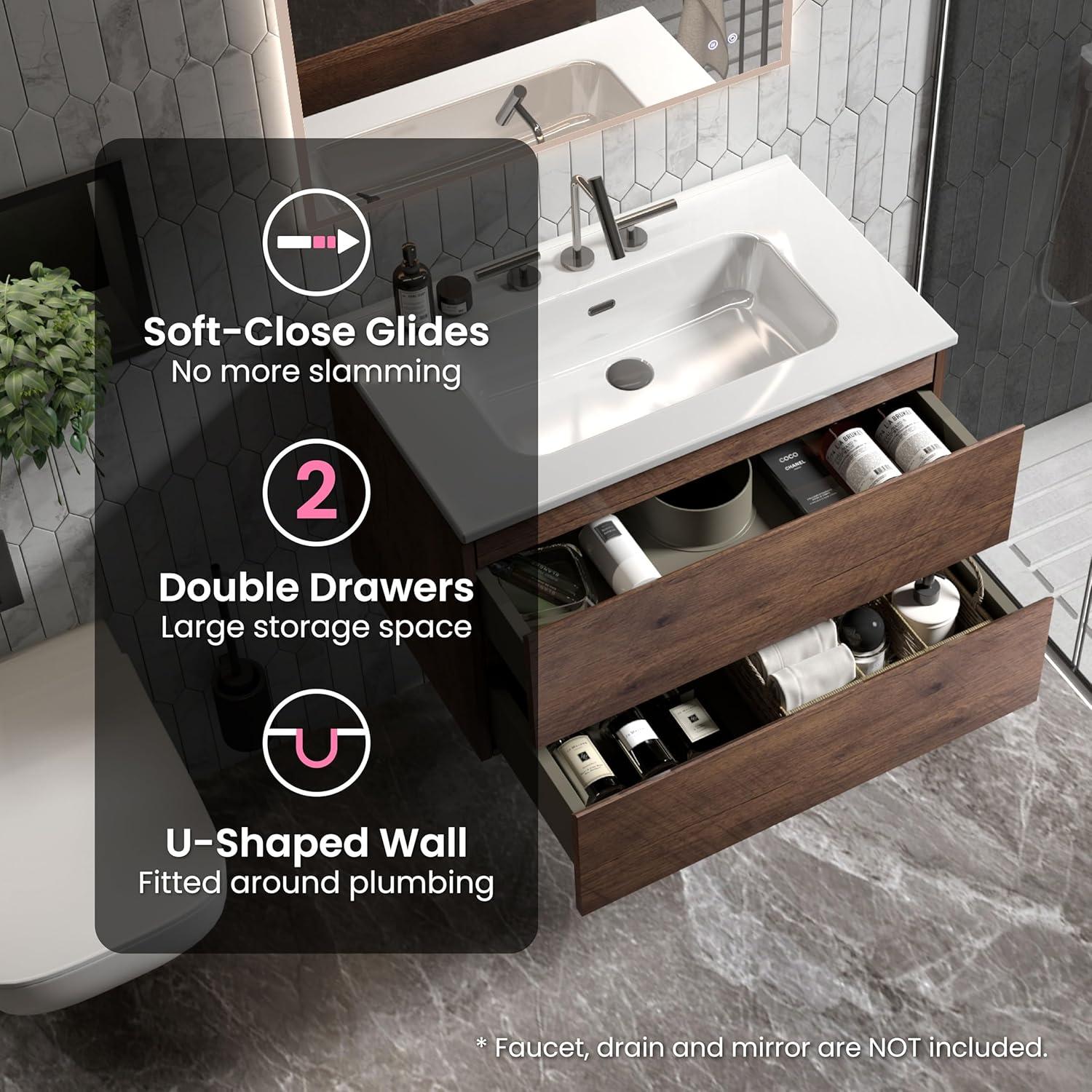 CITTANEO 24" Floating Modern Bathroom Vanity with 3-Hole Ceramic Sink in Walnut
