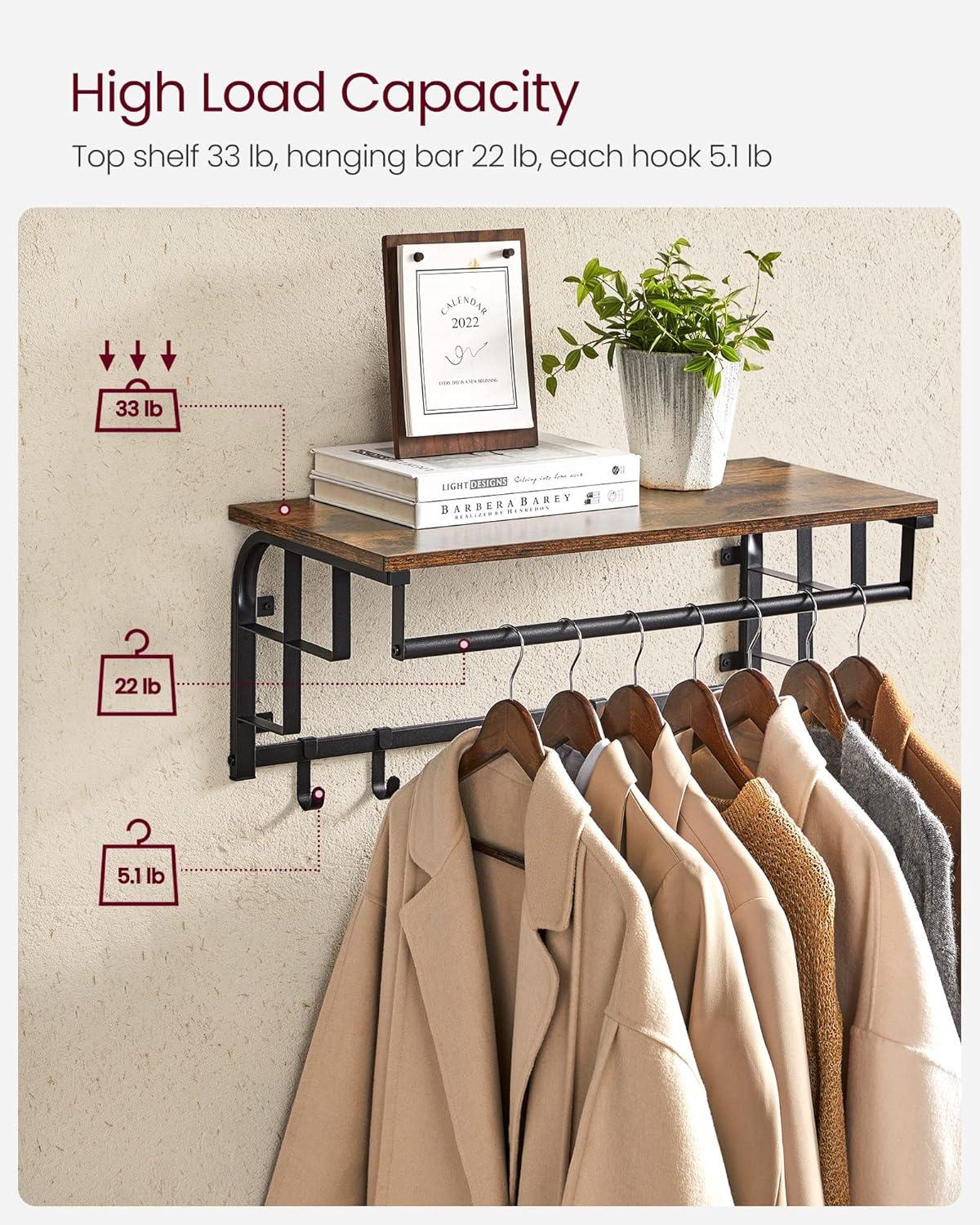 VASAGLE Wall-Mounted Coat Rack, Wall Hook Rack with Hanging Rod, Storage Shelf, Laundry Room Shelf with Hooks, for Entryway, Bathroom, Rustic Brown and Black ULCR12BX