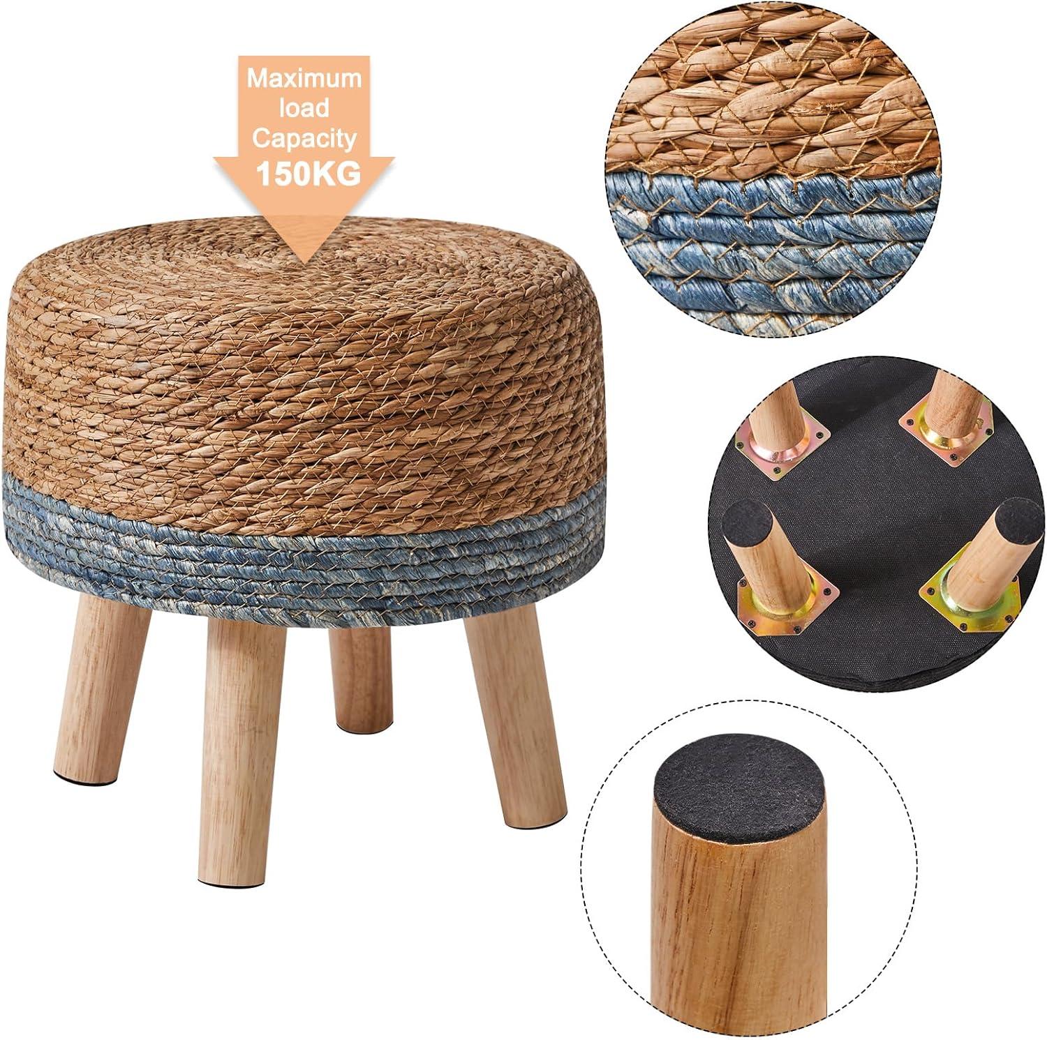 YMYNY Foot Stool Natural Seagrass Hand Weave, 12.6" Small Ottoman, Round Footrest for Living Room, Bedroom, Entryway, Change Shoes Stool, Non-Skid Wood Legs, Boho, Blue+White UHBD027QW