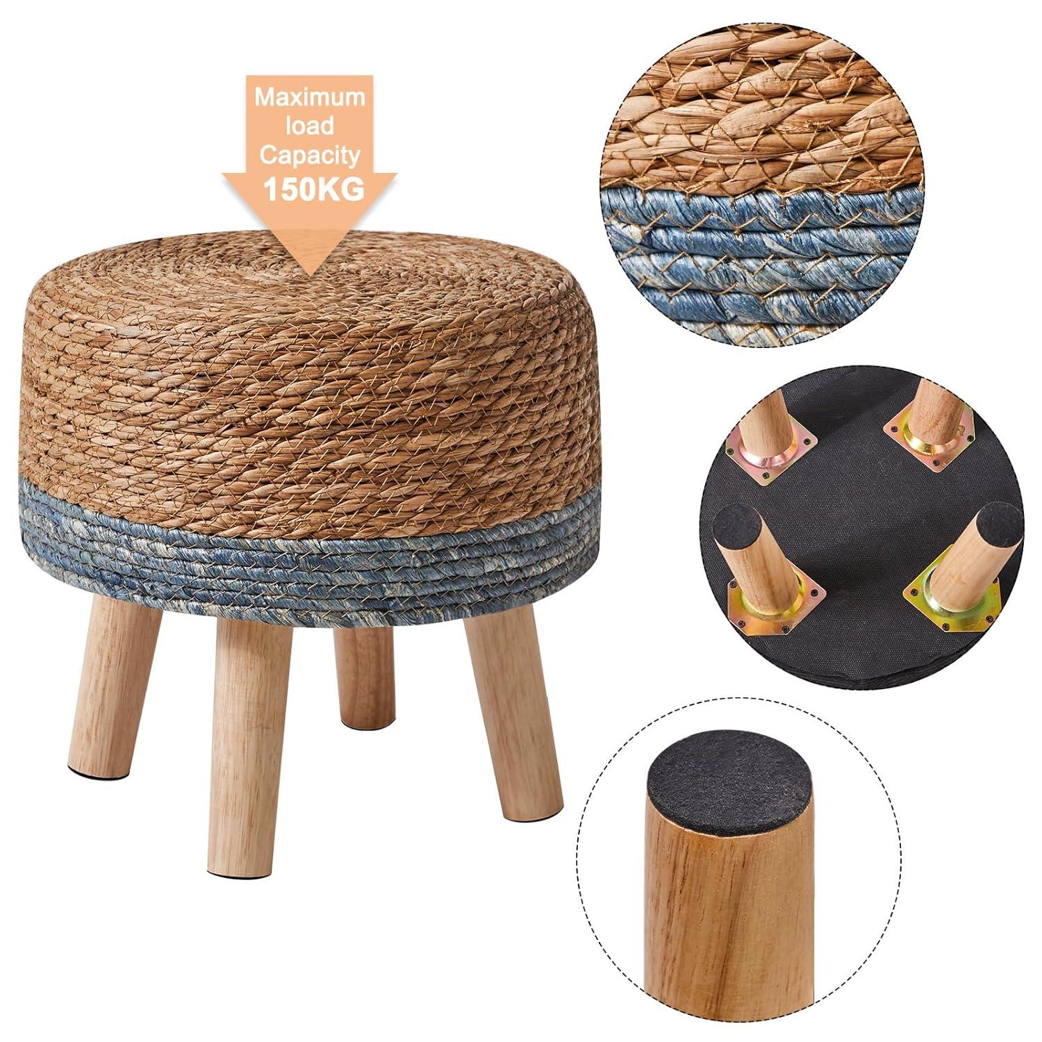 YMYNY Foot Stool Natural Seagrass Hand Weave, 12.6" Small Ottoman, Round Footrest for Living Room, Bedroom, Entryway, Change Shoes Stool, Non-Skid Wood Legs, Boho, Blue+White UHBD027QW