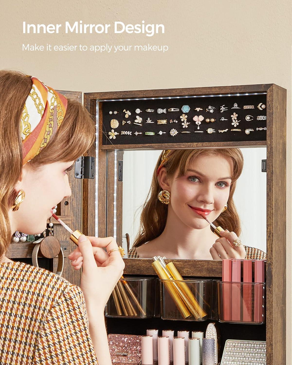 SONGMICS Mirror Jewelry Cabinet Armoire Organizer, Wall or Door Mount Storage Cabinet with Full-Length Frameless Lighted Mirror, Built-in Makeup Mirror, 2 Drawers, Lockable, Rustic Brown UJJC013X01