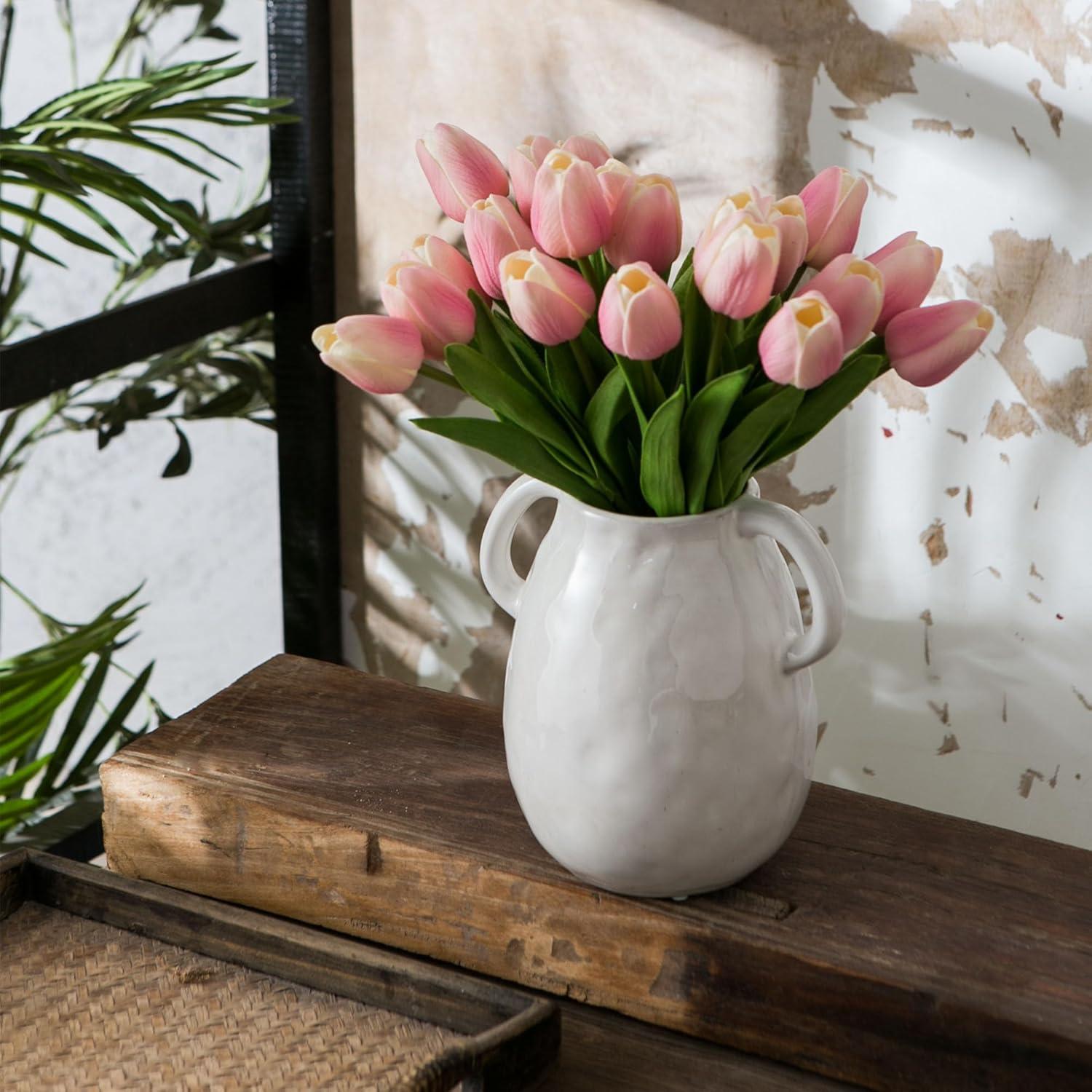 Grey Ceramic Vase with 2 Handles, Modern Farmhouse Vase for Home Decor, Rustic Terracotta Vase, Decorative Pottery Flower Vase, Clay Samll Vase, Centerpieces for Dining Table - 7 Inch Tall