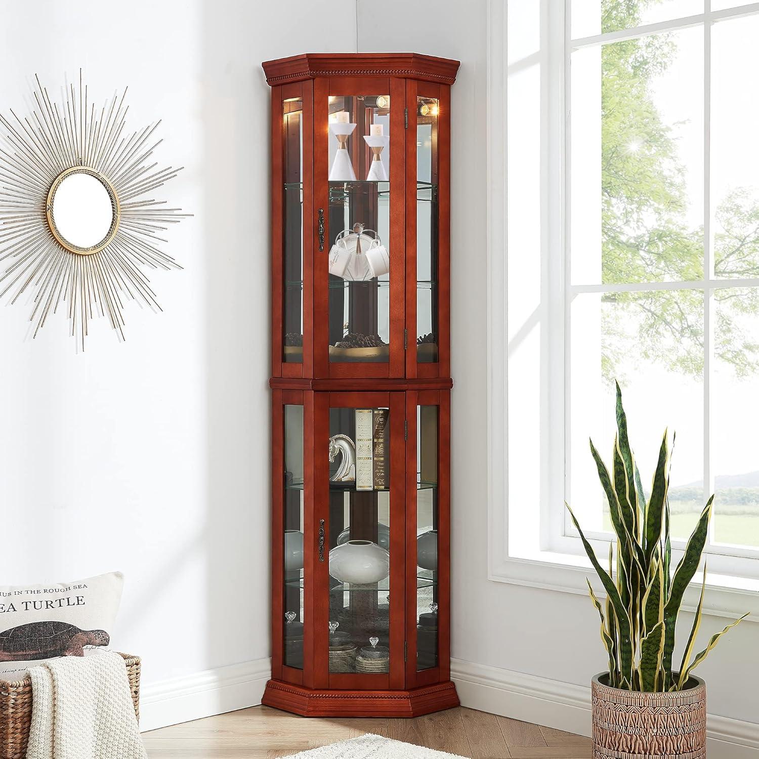 IbayNawi Canted Front Corner Lighted Curio Cabinet With Adjustable Tempered Glass Shelves, Mirrored Back, Display Cabinet,Walnut(E26 light bulb not included)