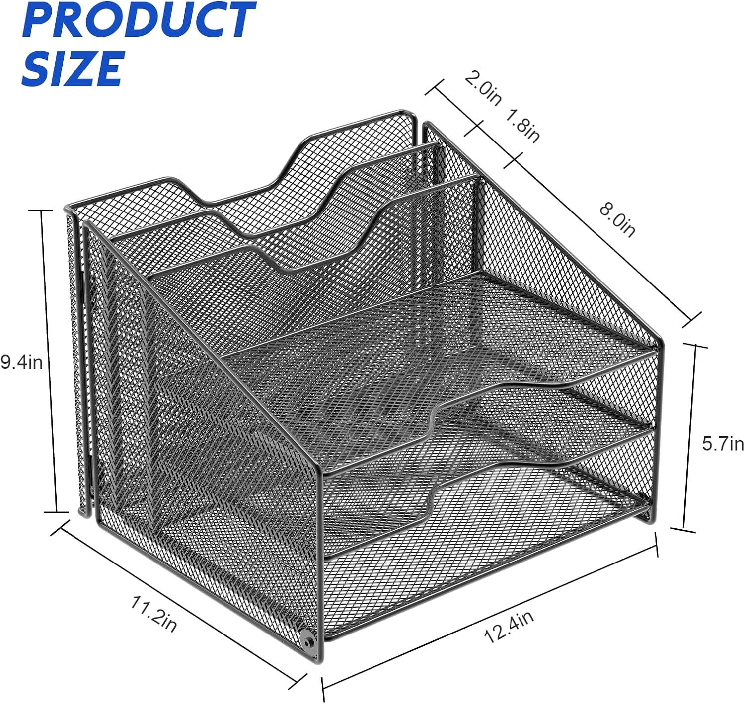 Black Mesh Multifunction Desk File Organizer with 3 Trays and 2 Upright Sections