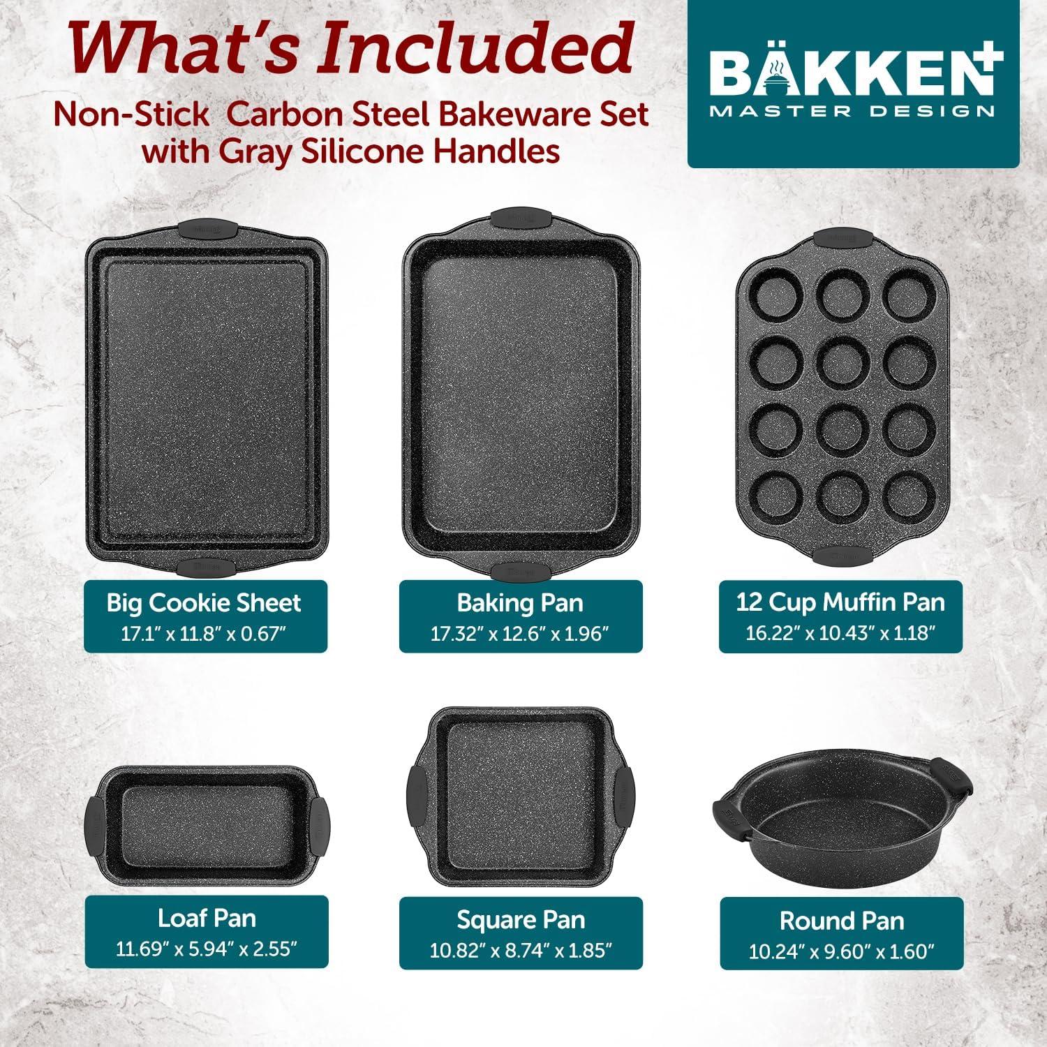 BAKKEN 6-Piece Nonstick Gray Marble Coated Bakeware Set -Professional Quality Carbon Steel Pans with Silicone Handles