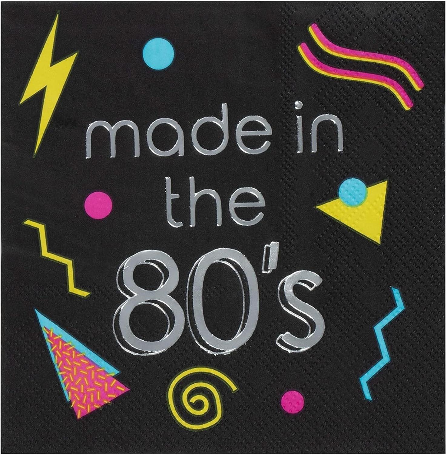 Juvale 80s Cocktail Napkins - 50-Pack Made in the 80s in Silver Foil Disposable Napkins, Black