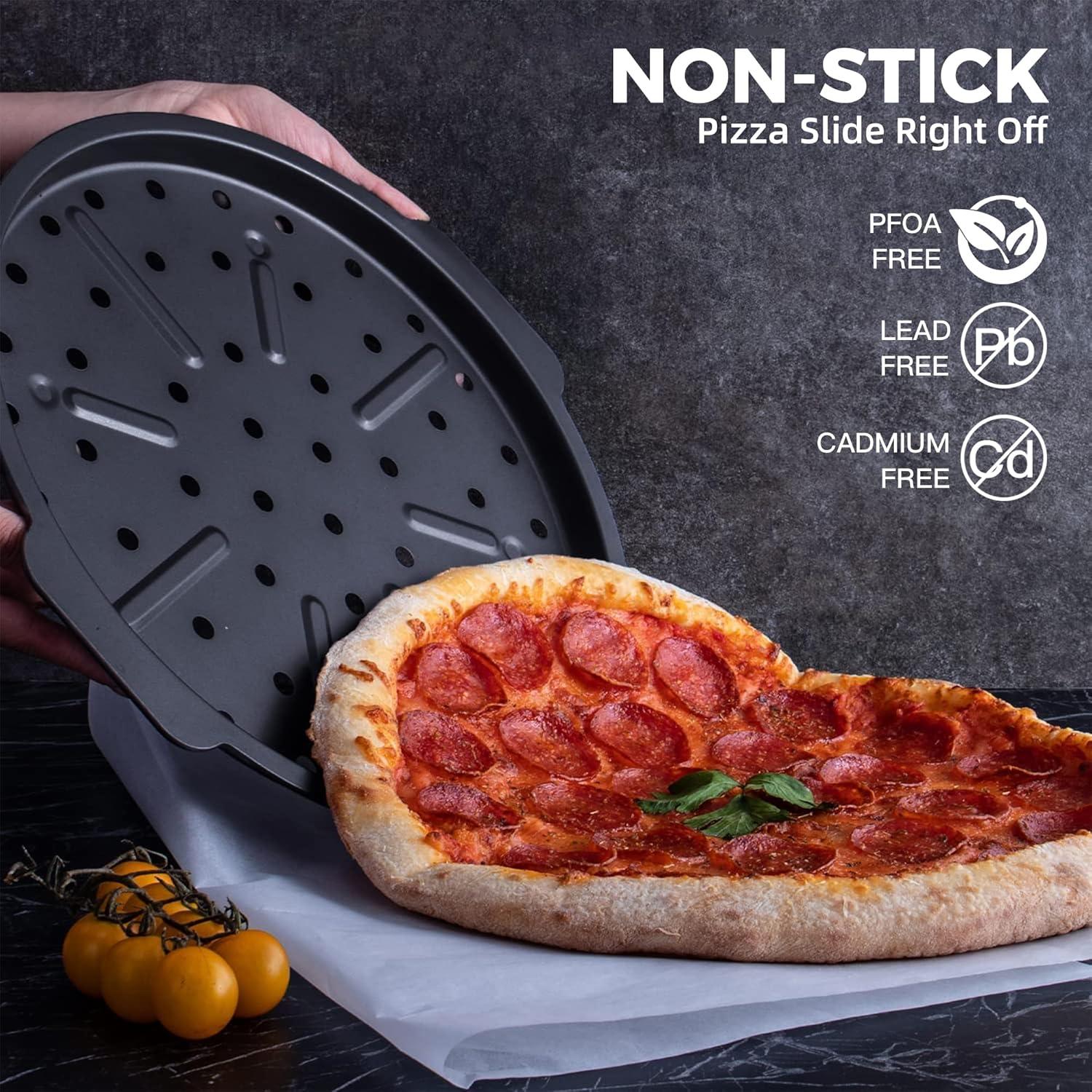 12-Inch Gray Nonstick Pizza Pan with Holes and Handles, Set of 2