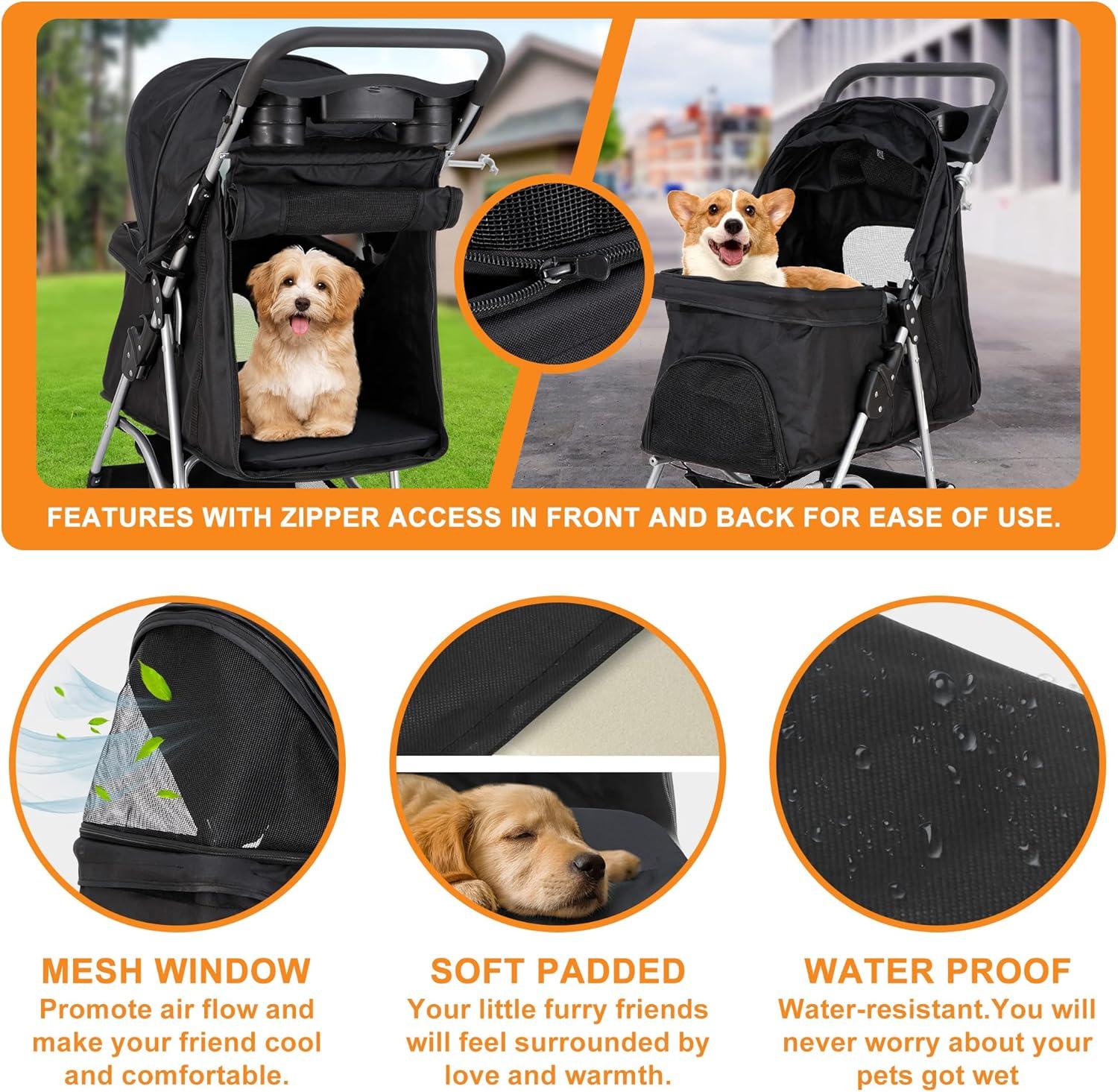 4 Wheels Pet Stroller Dog Cat Stroller for Small Medium Dog Cats Foldable Carrier Jogger Travel Puppy with Storage Basket and Cup Holder (Black)
