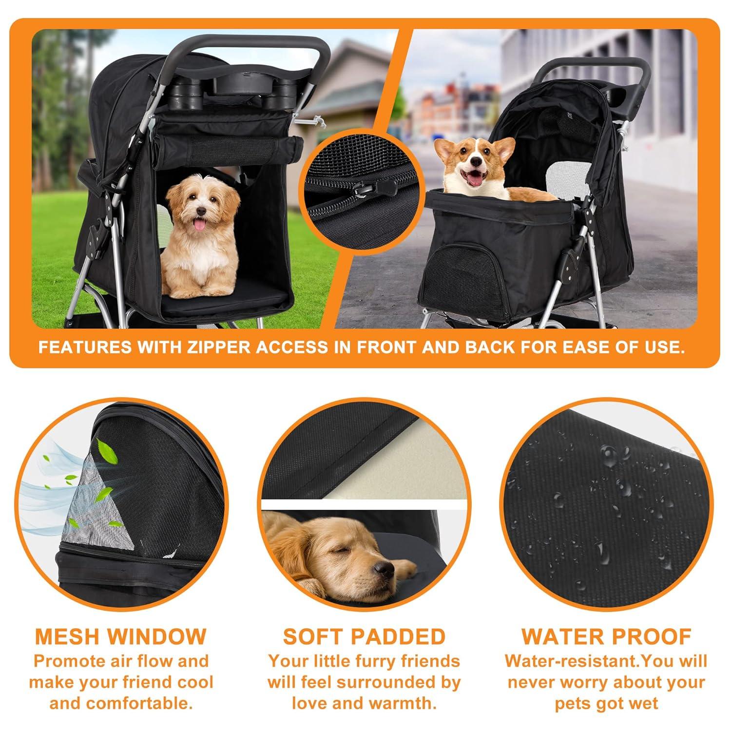 4 Wheels Pet Stroller Dog Cat Stroller for Small Medium Dog Cats Foldable Carrier Jogger Travel Puppy with Storage Basket and Cup Holder (Black)