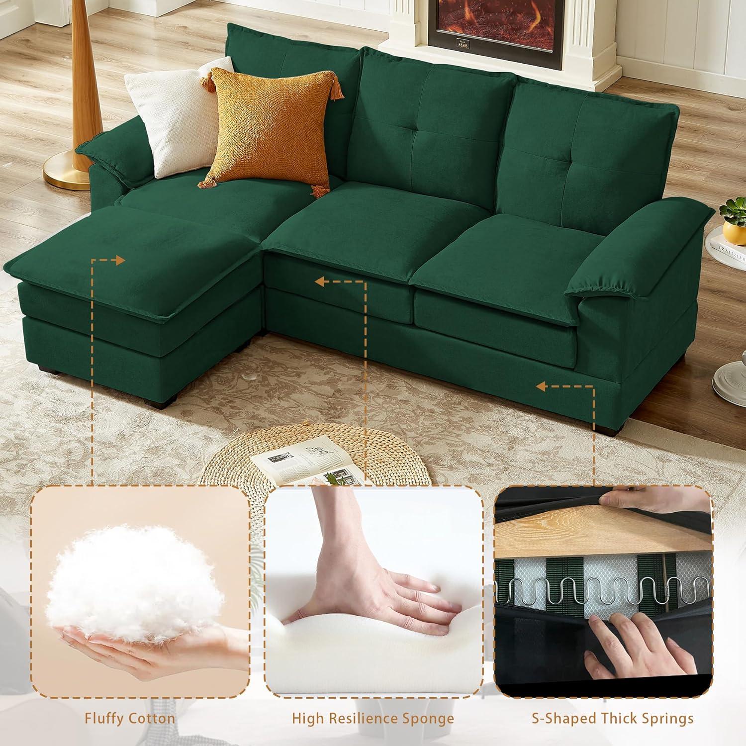 82" Convertible Sectional Sofa, L-Shaped Comfy Cloud Couch with Reversible Chaise and Padded Armrests, Modern Polyester 3 Seat Sofa Couches for Living Room (Green)