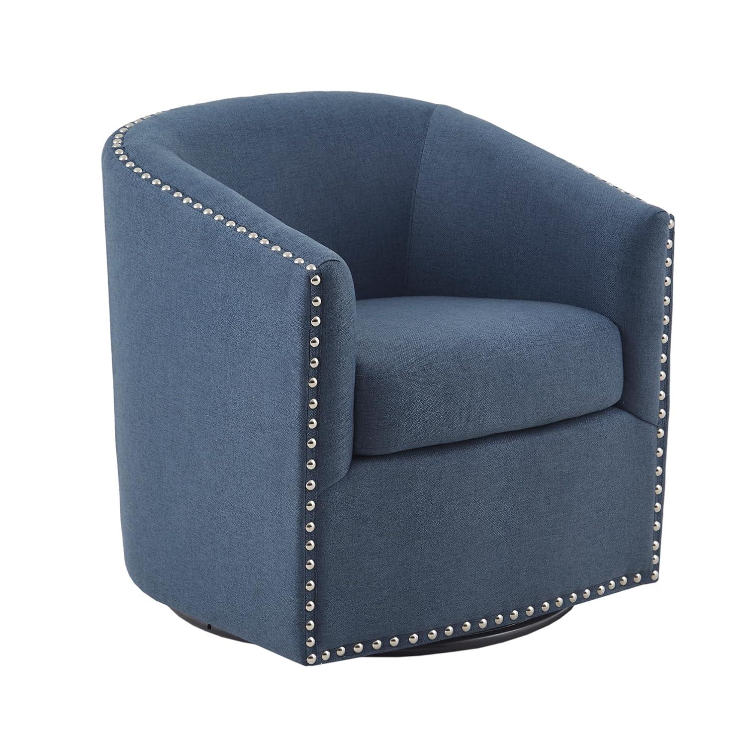 Madison Park Sheldon Swivel Chair Blue: Elegant Barrel Design, Nailhead Trim, 360° Rotation, No Assembly Required