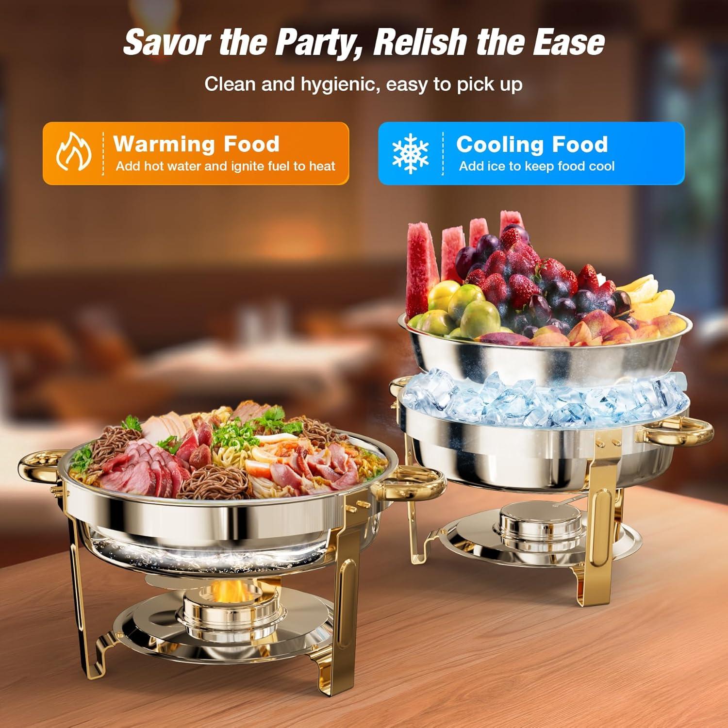 WARMOUNTS Chafing Dish Buffet Set, 5QT 4 Pack Gold Accent Stainless Steel Chafers and Buffet Warmers Sets with Glass Lid & Lid Holder for Parties Catering Events Weddings Banquets