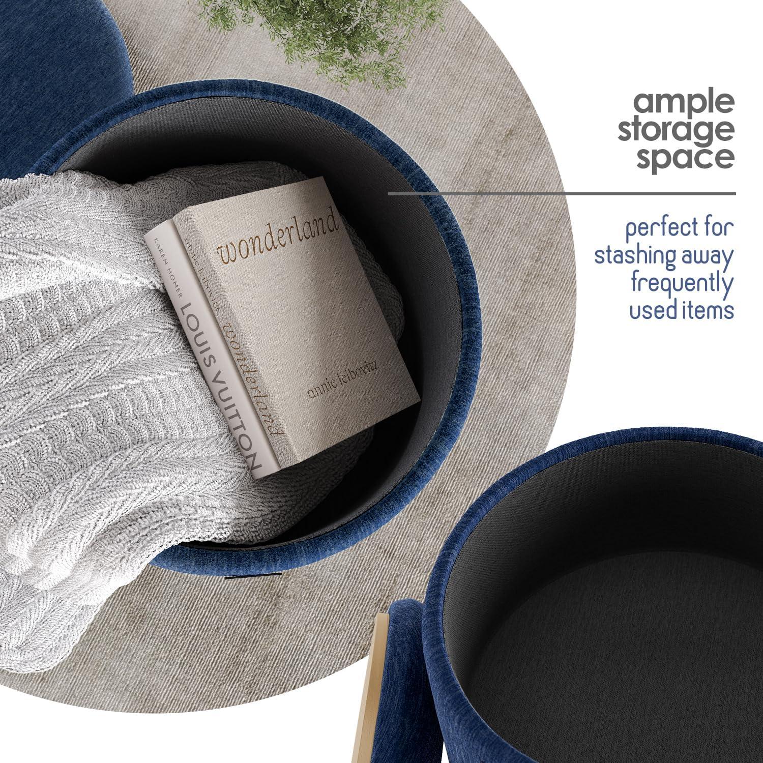 StorageBud Round Ottoman with Storage, Textured Velvet Storage Ottoman, Modern Foot Stool for Living Room and Bedroom - Blue with Gold Legs