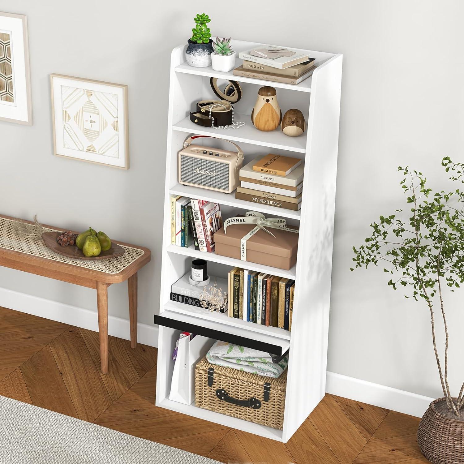 Tangkula 6-tier Bookcase w/ 2 Adjustable Shelves Filp-up Door 5 Open Shelves Bedroom White