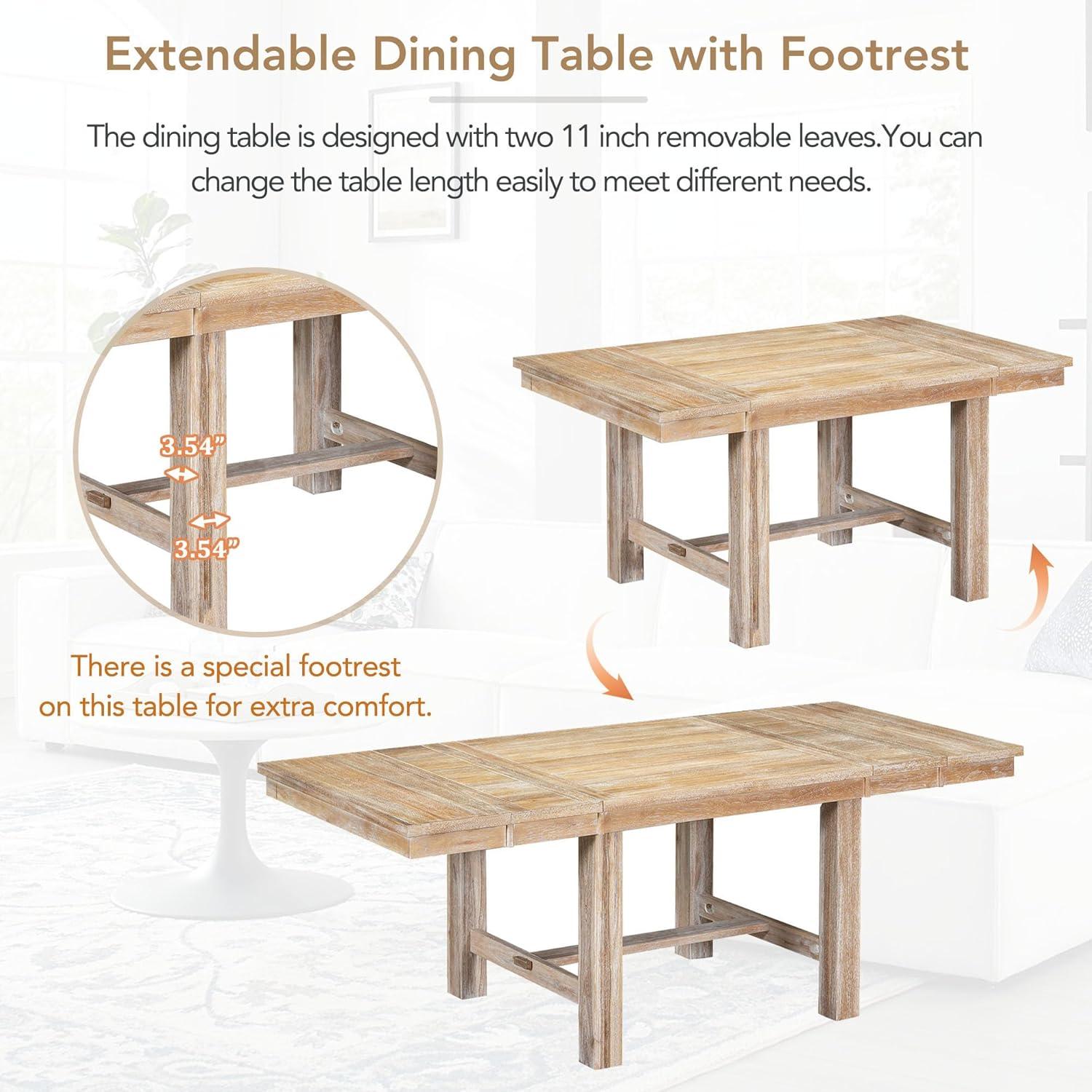Linique 6-Piece Extendable Dining Table Set, Farmhouse Dining Table with Footrest, 2 Removable Leaf, 4 Upholstered Dining Chairs & 1 Bench, Natural+Beige Cushion