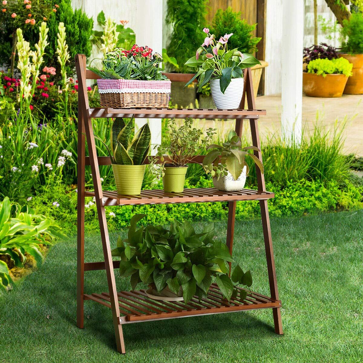 Costway Bamboo Ladder Plant Stand 3-Tier Foldable Flower Pot Display Shelf Rack Natural