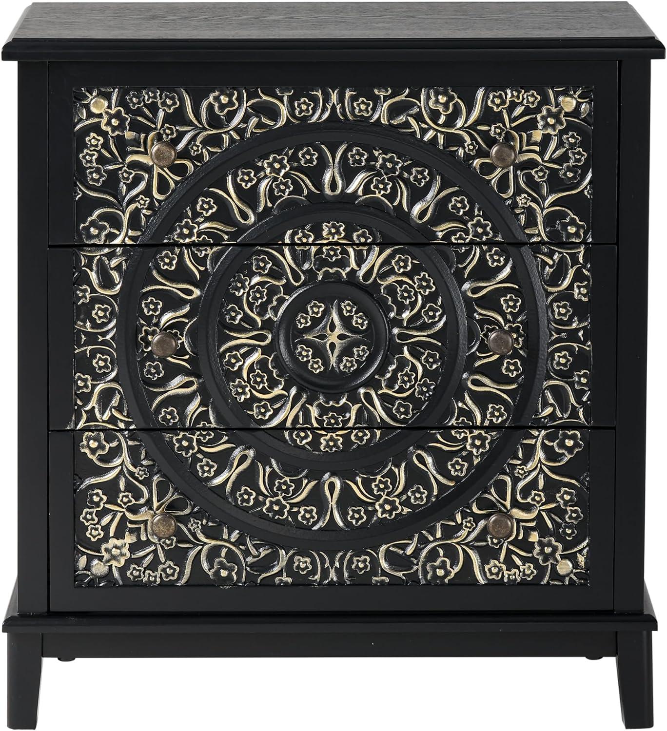 COZAYH 3-Drawer Fully-Assembled Flower Motif Nightstand for Small Spaces, French Country, Modern, Distressed Finish, Gold & Black