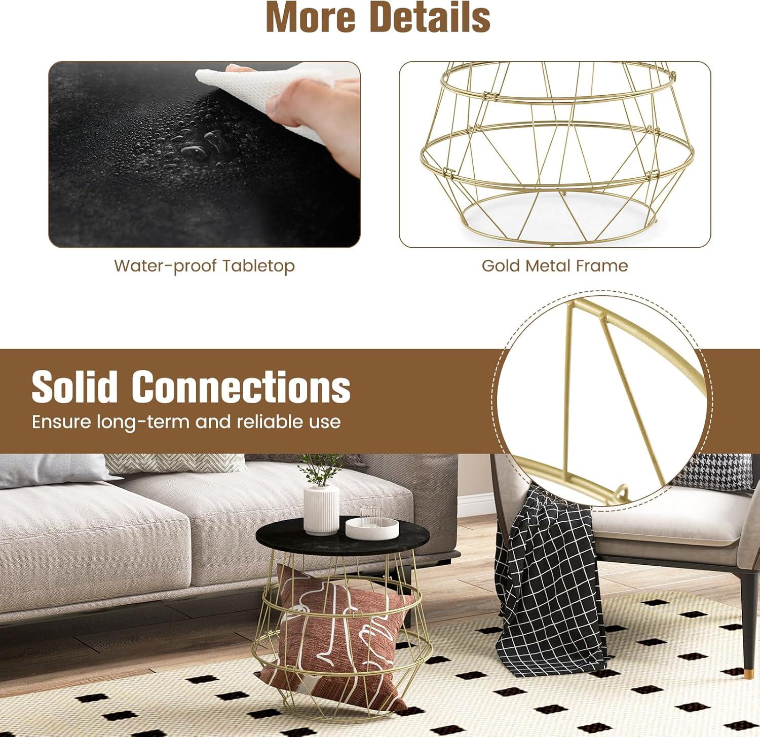 Giantex Faux Marble Coffee Table, Round Side End Table with Gold Metal Frame & Removeable Top, Modern Sofa Accent Bedside Table for Living Room, Bedroom, Small Space, Easy Installation (1)