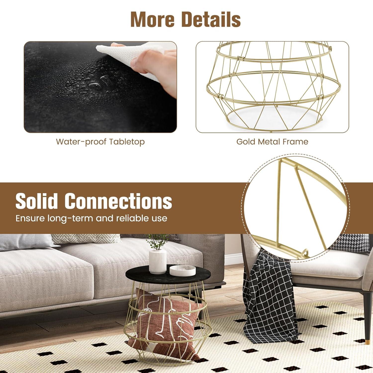 Giantex Faux Marble Coffee Table, Round Side End Table with Gold Metal Frame & Removeable Top, Modern Sofa Accent Bedside Table for Living Room, Bedroom, Small Space, Easy Installation (1)