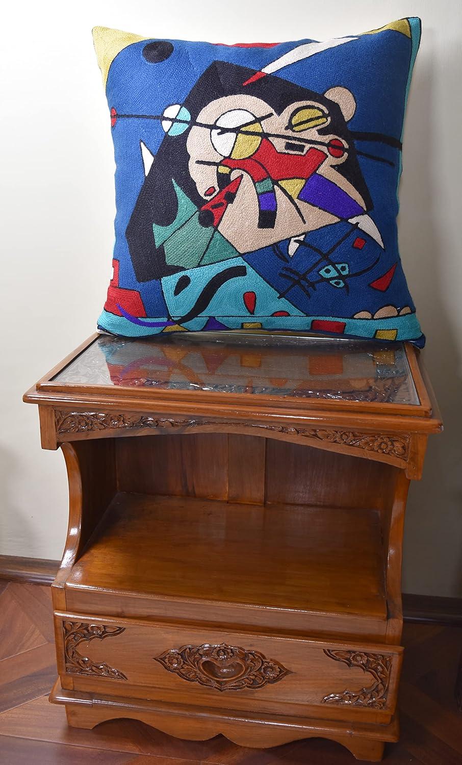 Kandinsky Blue Harmony Embroidered Cotton Wool Pillow Cover 18x18