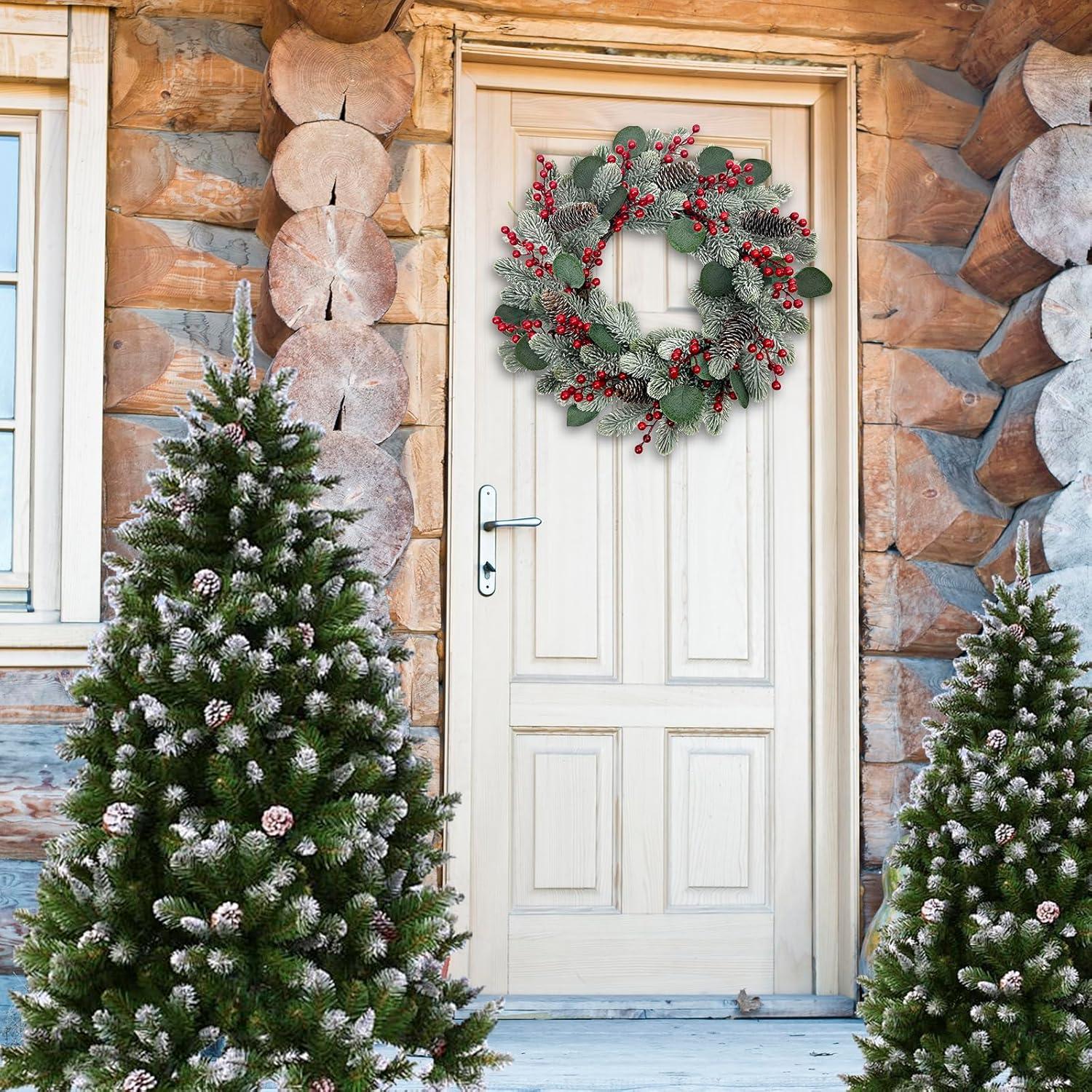 20 Inches Christmas Wreath,Artificial Christmas Wreaths For Front Door Christmas Grapevine Wreath With Pine Needles Pine Cones And Red Berries For Home Decor Christmas Winter Decorations