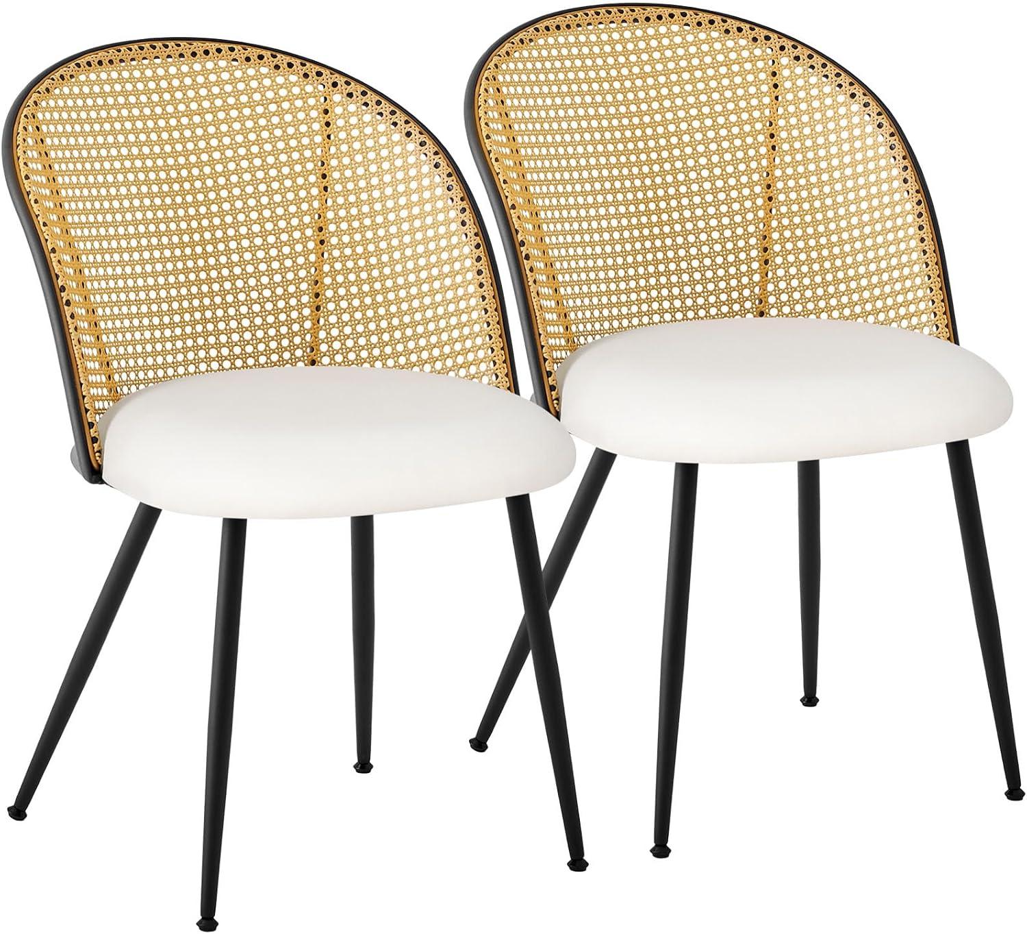 Lucky Monet Modern Upholstered Rattan Dining Chairs Set of 2/4 Set of 2 - PU-White-Natural Back