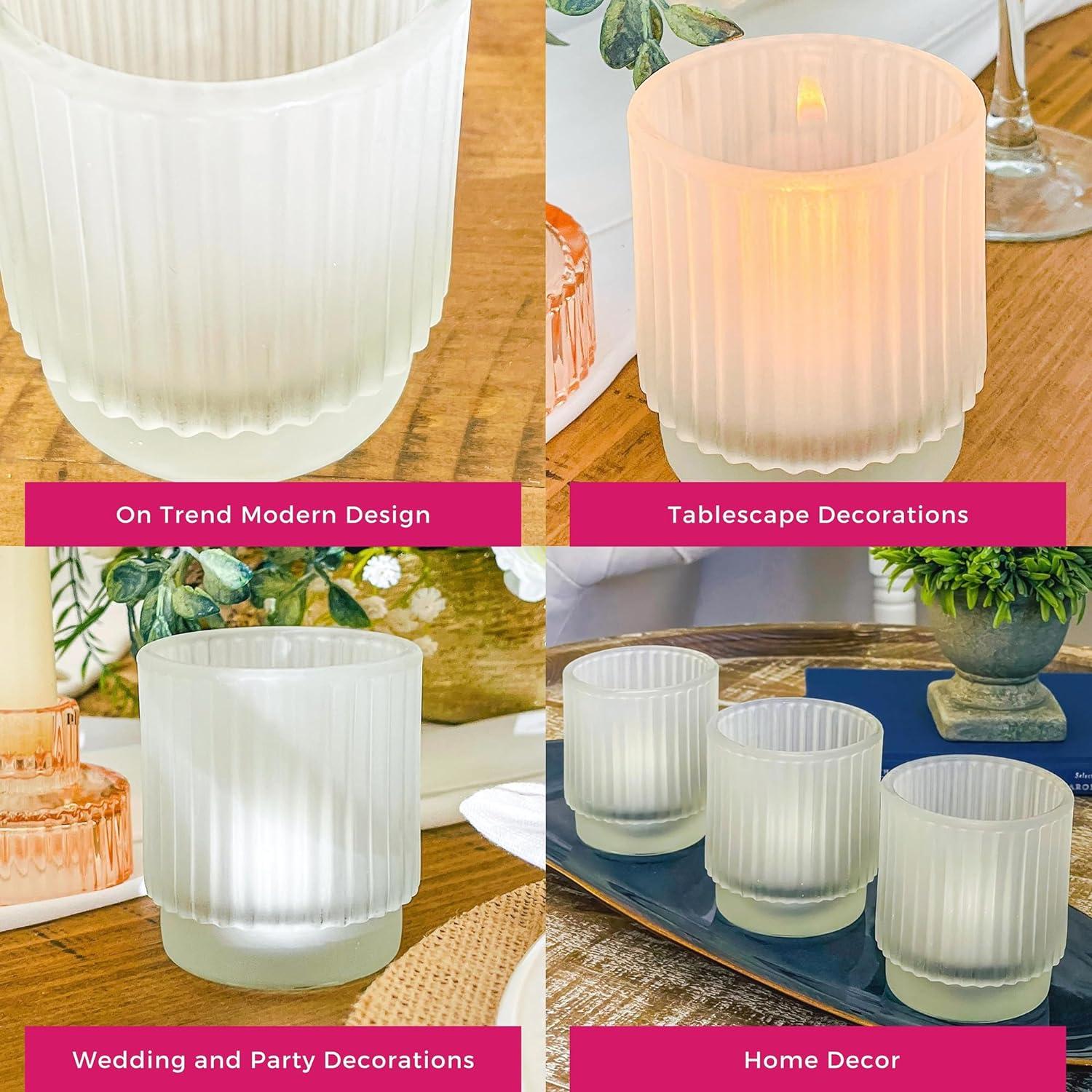 Set of 6 Ribbed Frosted Glass Tealight Candle Holders