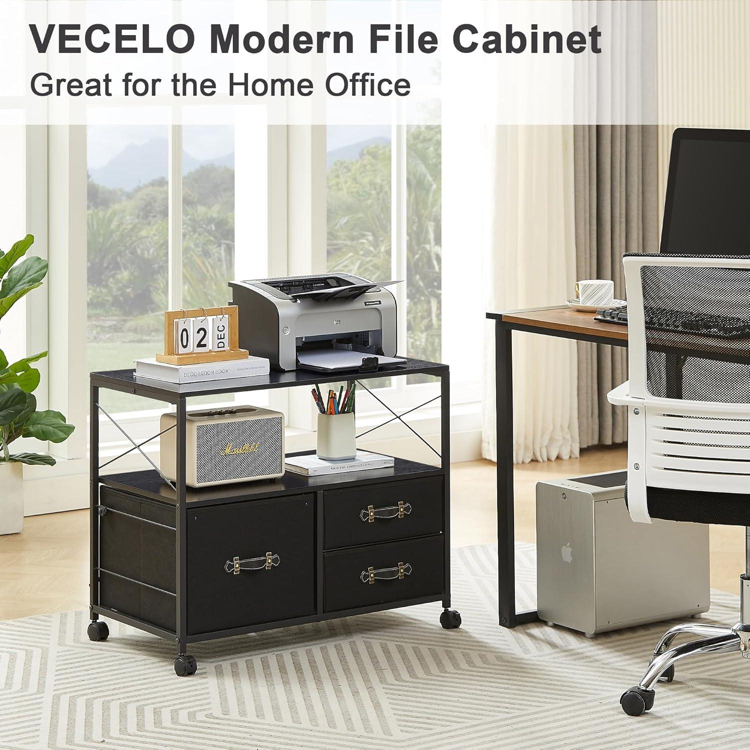 VECELO 3-Drawer Rolling File Cabinet, Mobile Printer Stand with Open Storage Shelf, Fits A4 Or Letter Size, Lateral Fabric File Cabinet with Lockable Castersfor Home Office, Black