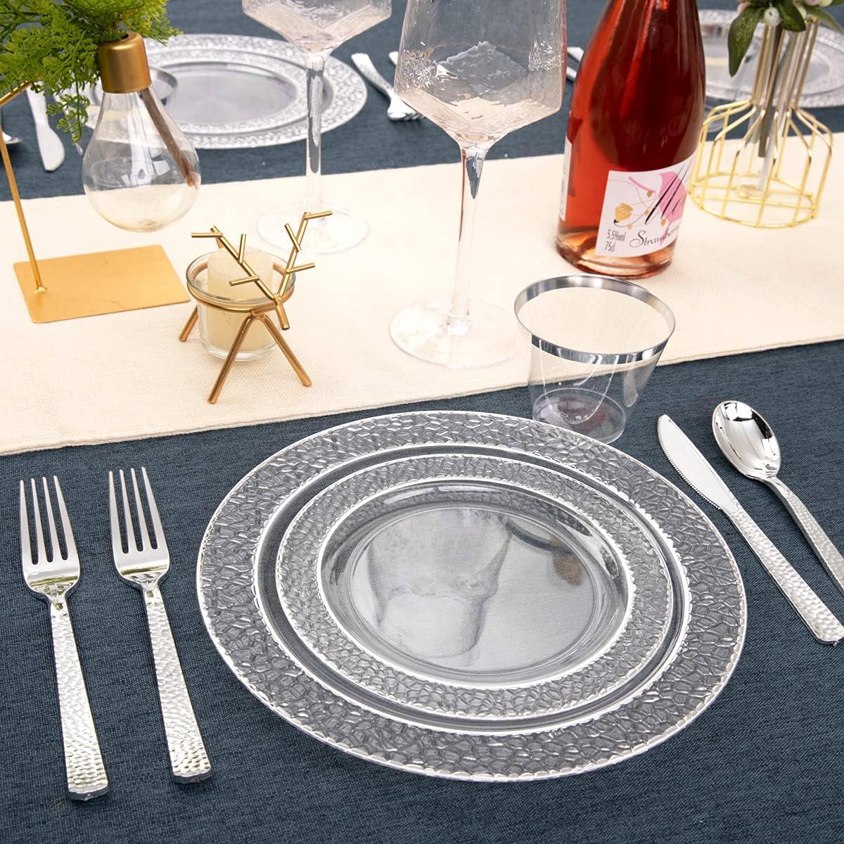 Elegant Clear and Silver Disposable Dinnerware Set for 25 Guests