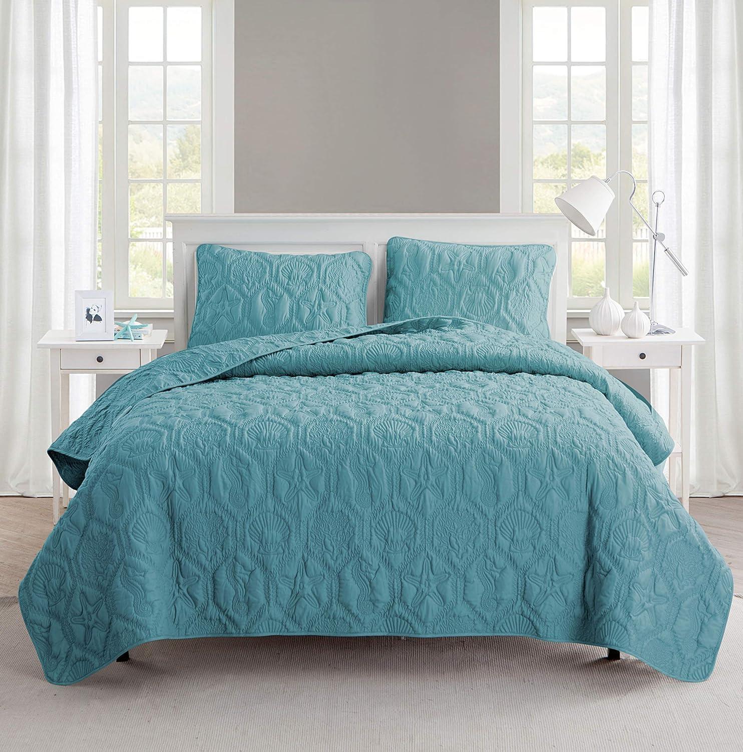 Full Blue Reversible Microfiber Quilt Set