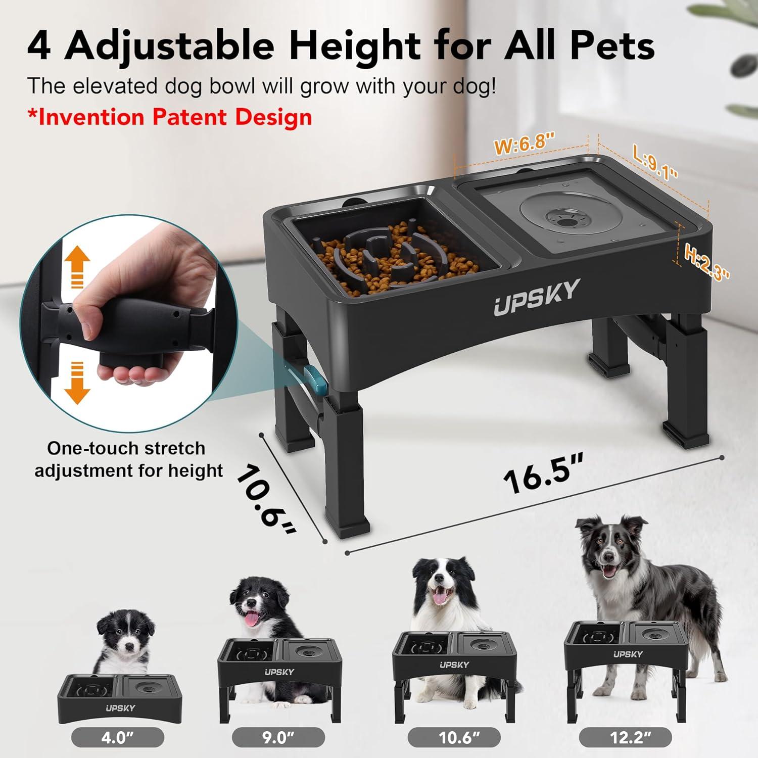 UPSKY 2-in-1 Elevated Dog Bowls Slow Feeder, 4 Height Adjustable Raised Dog Bowl Stand No Spill Dog Water Bowl Dispenser, Anti-Slip Dog Food and Water Bowl for Small Medium Dogs.