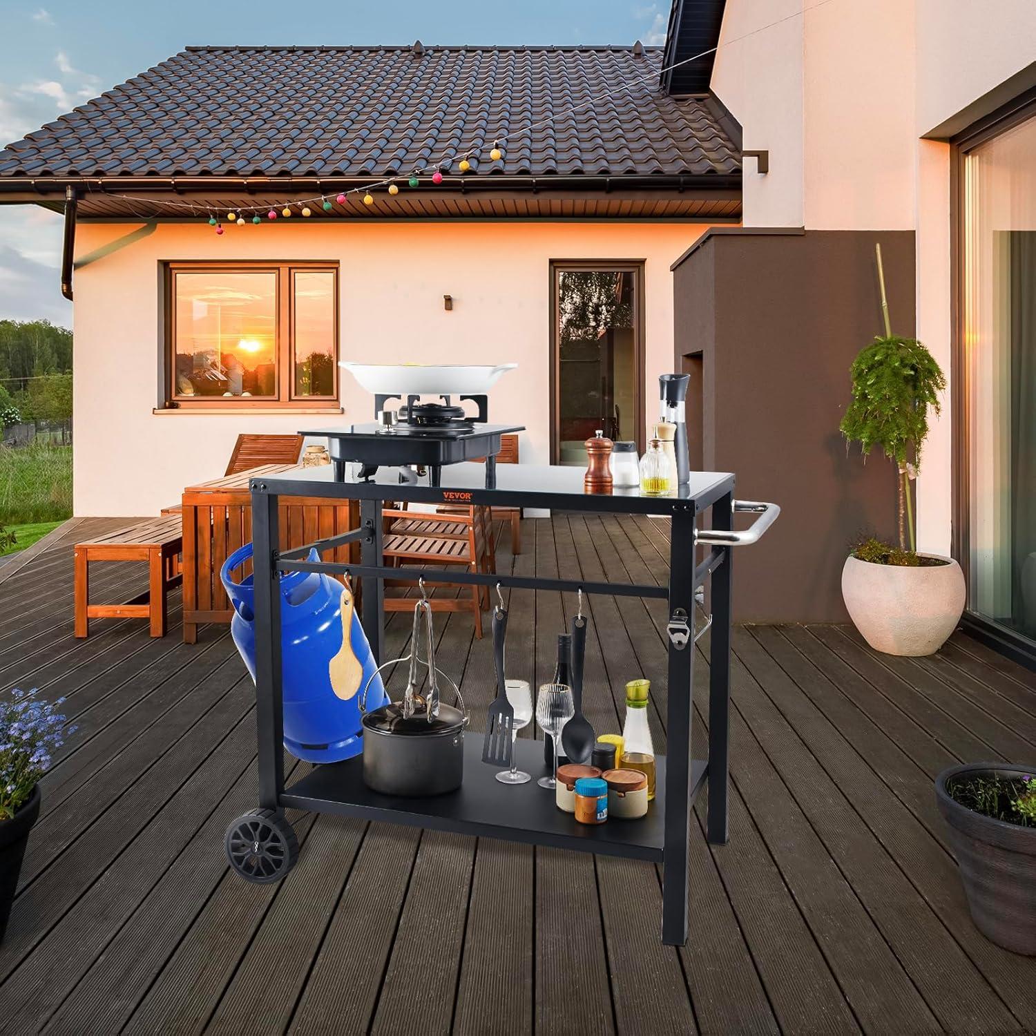 VEVOR Outdoor Grill Dining Cart with Double-Shelf, BBQ Movable Food Prep Table, Multifunctional Foldable Iron Table Top, Portable Modular Carts