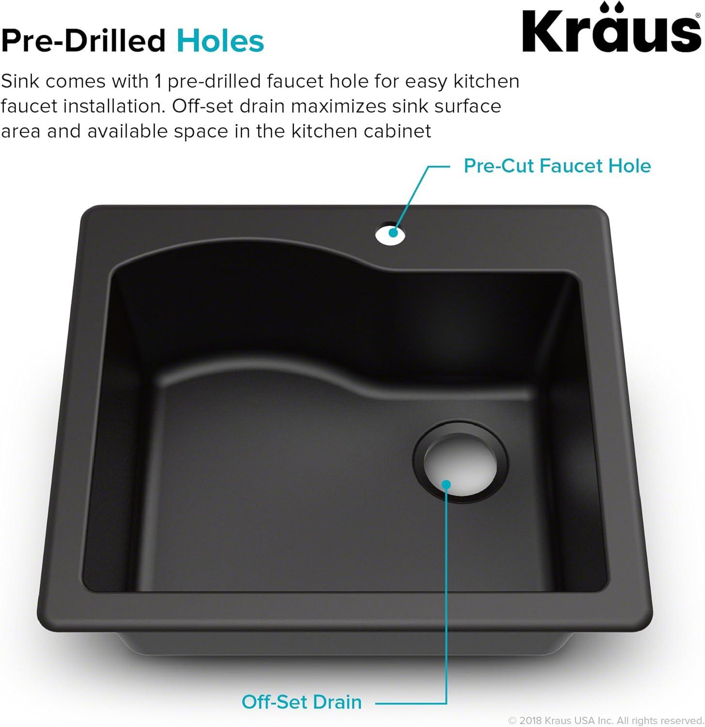 KRAUS Quarza™ 25" L Dual Mount Single Bowl Granite Kitchen Sink and Strainer