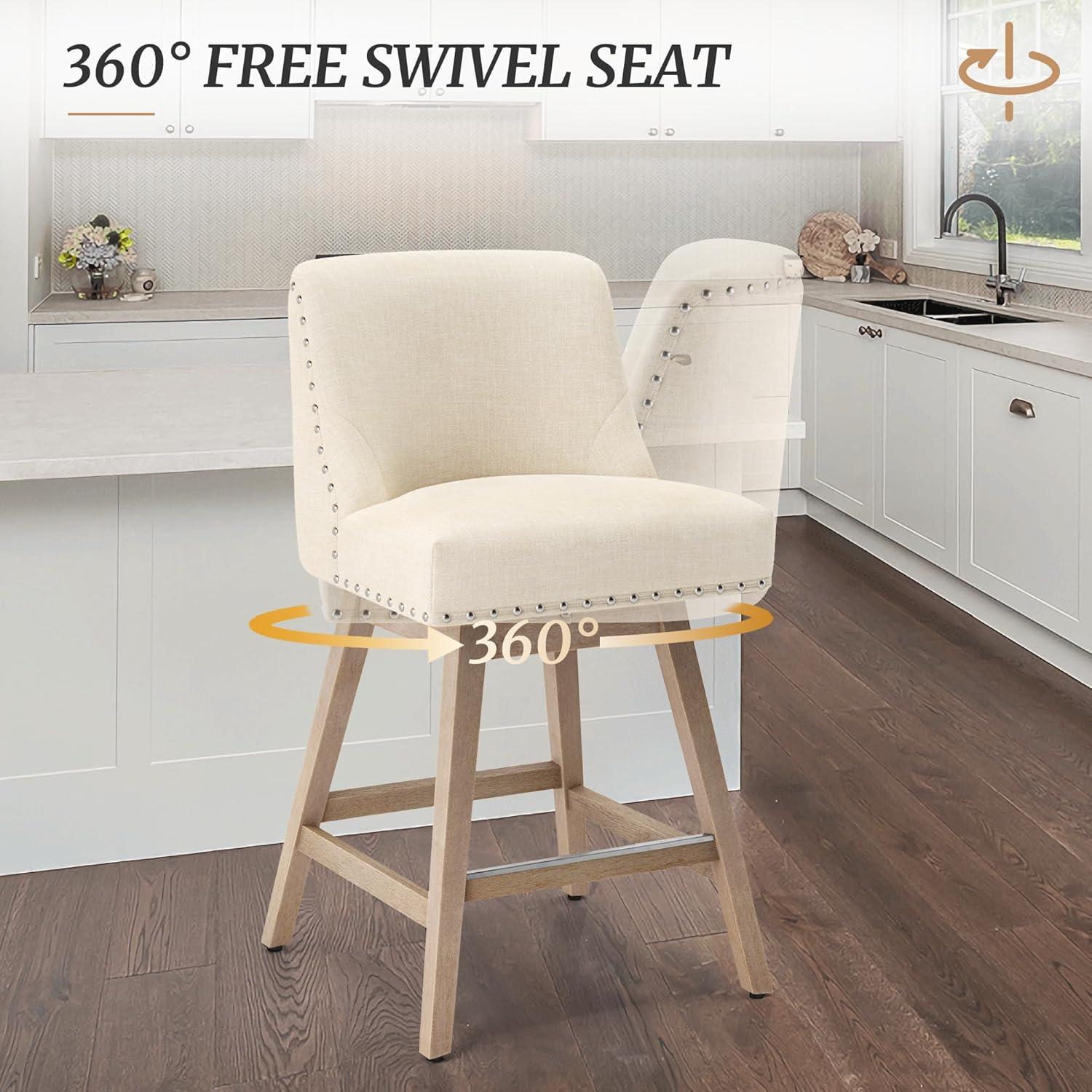 LUE BONA Set of 2 Beige 26-in H Counter height (24-in to 27-in) Square Seat Upholstered Swivel Wood Back Bar Stool Back