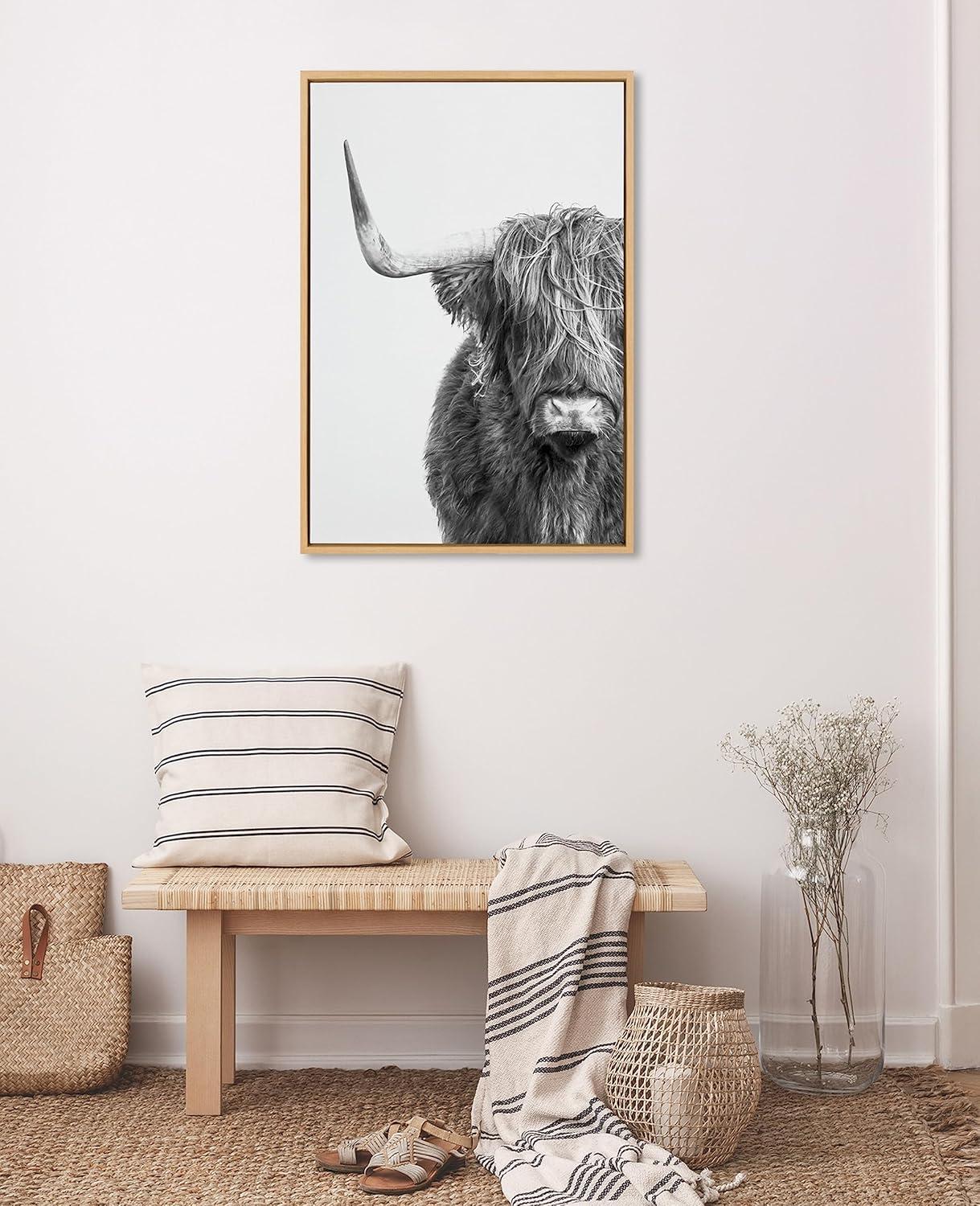 Kate and Laurel Sylvie B&W Highland Cow No. 1 Framed Canvas Wall Art by Amy Peterson Art Studio, 23x33 Natural, Black and White Animal Portrait Art