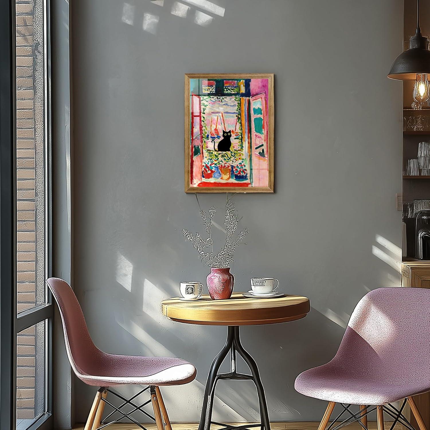 Henri Matisse Oil Paintings on Canvas Wall Art Matisse Famous Open Window Black Cat Poster Funny Cat Floral Print Colorful Farmhouse Gallery Aesthetic Room Decor for Bedroom Bathroom 12x16in Unframed