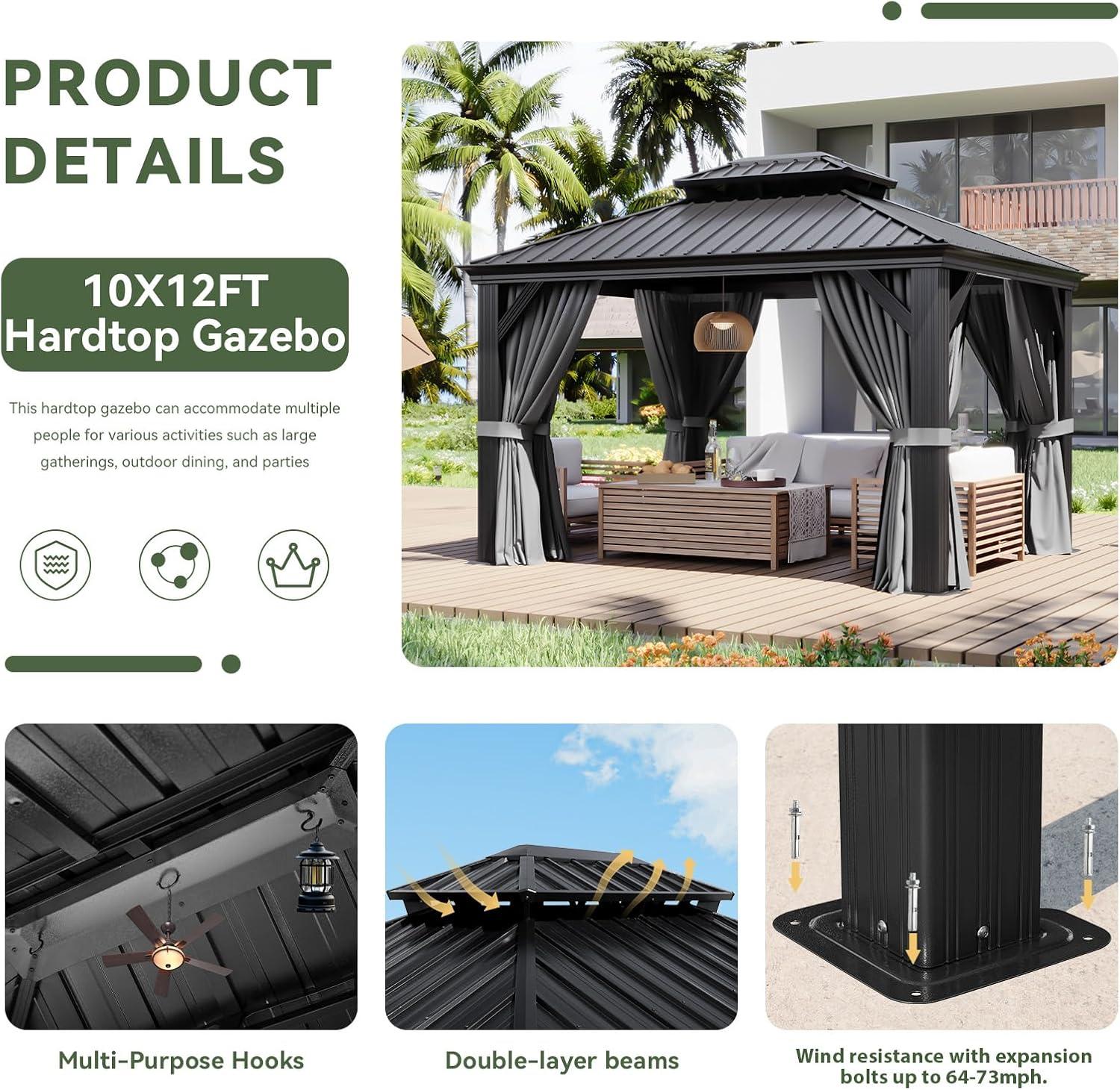 Kozyard Kozyard Alexander Gray Double Roof Hardtop Gazebo with Privacy Curtain Mosquito Netting