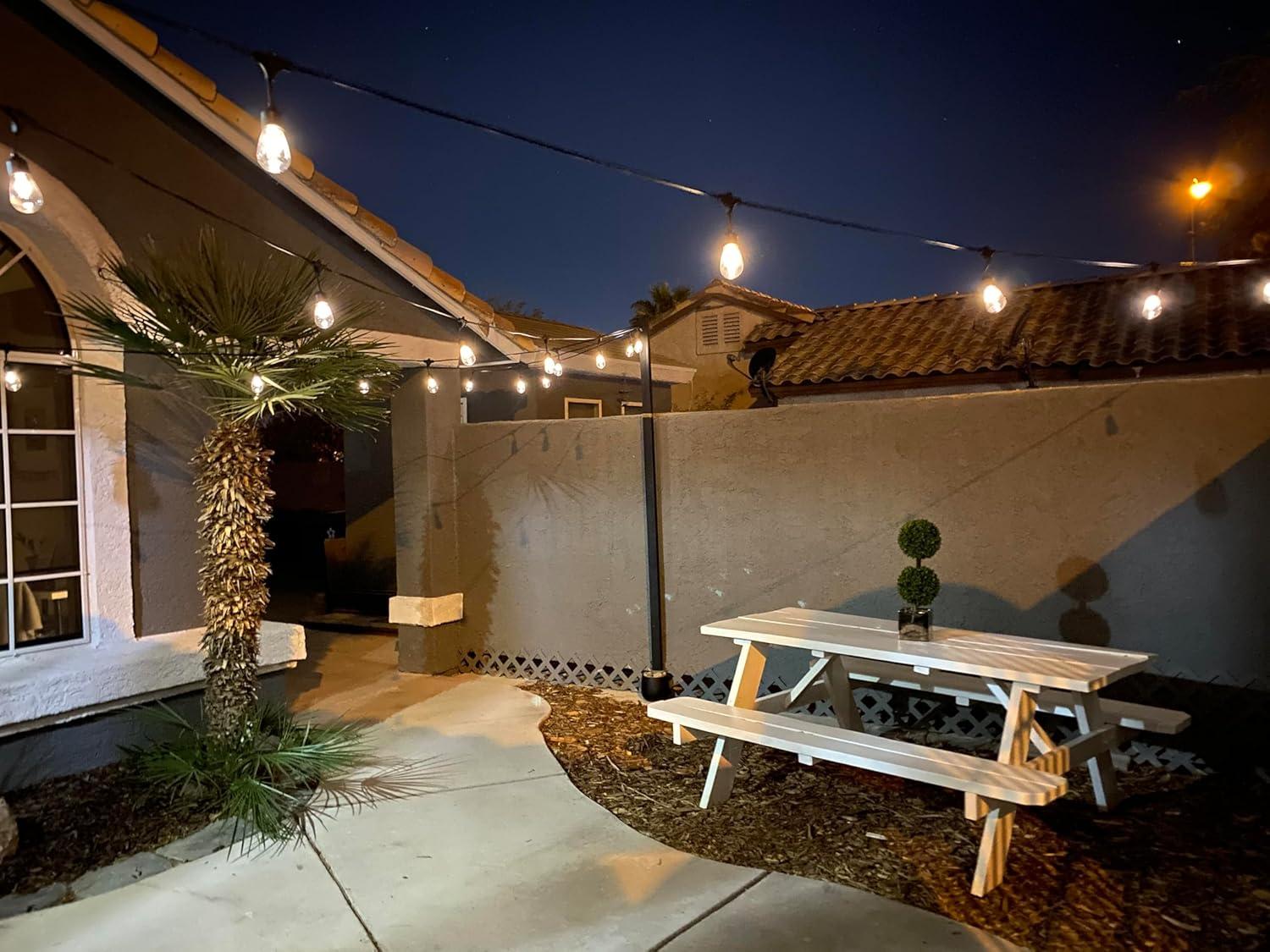Brightech Ambience Pro 48 ft. Solar-Powered Outdoor LED String Lights with 15 Warm White S14 Bulbs, Weatherproof and Commercial-Grade Cord