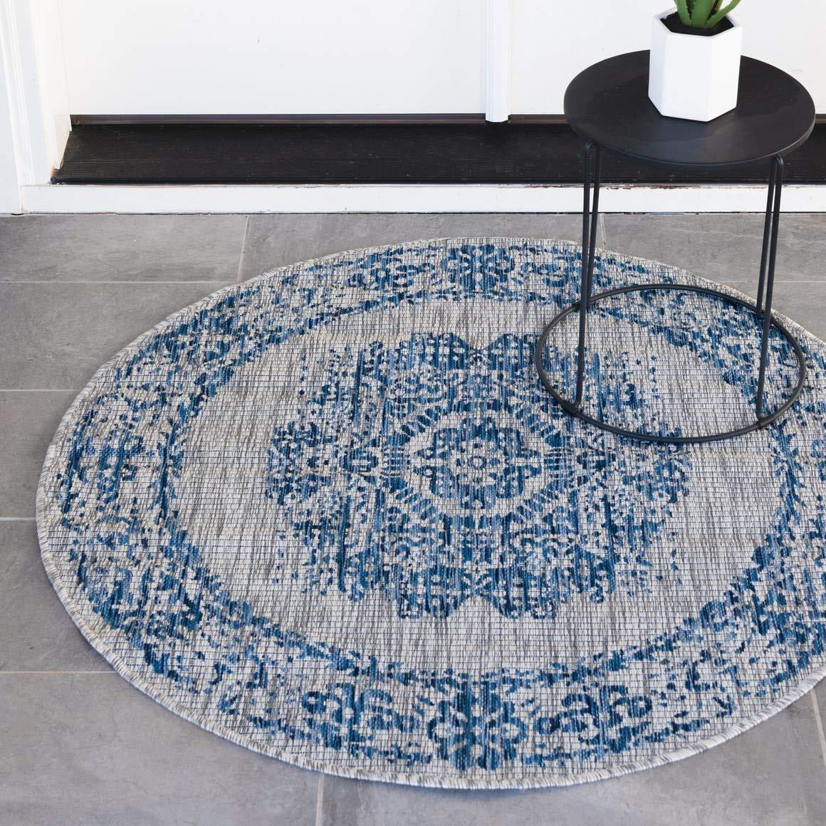Unique Loom 4' 1 x 4' 1 Round Indoor/Outdoor Traditional Blue Area Rug