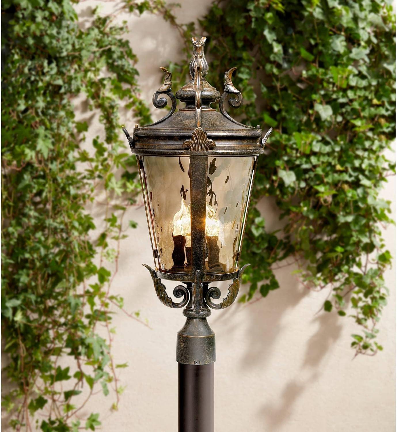 John Timberland Casa Marseille Vintage Rustic Outdoor Post Light with Flat Base Pole Bronze 99 3/4" Champagne Hammered Glass for Exterior Barn Deck