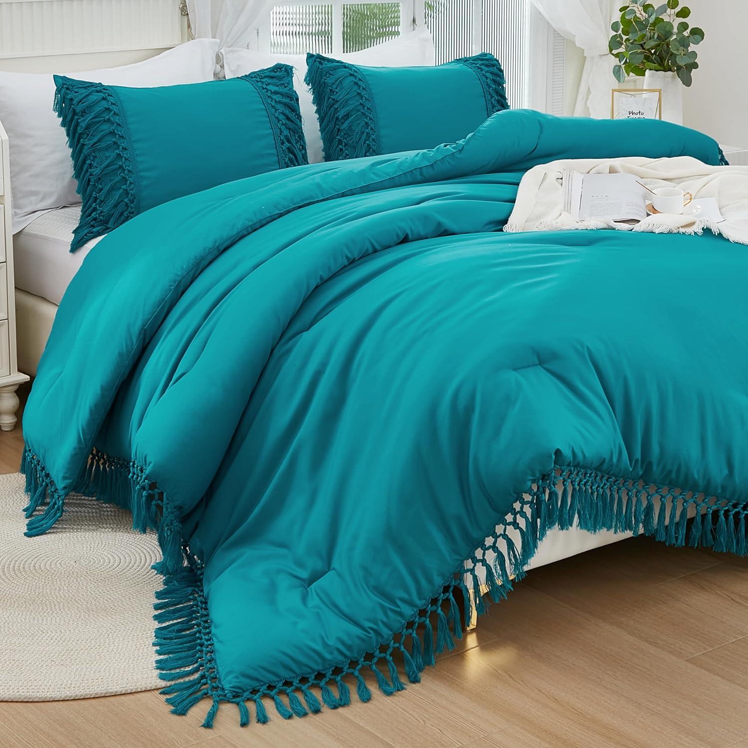 Turquoise King Boho Tassel Comforter Set with Pillowcases