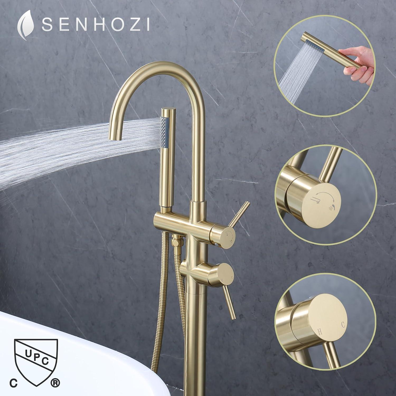 AWZTOO Free Standing Tub Faucet With Hand Shower Floor Mount Tub Faucets Brushed Gold Bathtub Filler Single Handle Modern Bathroom Taps