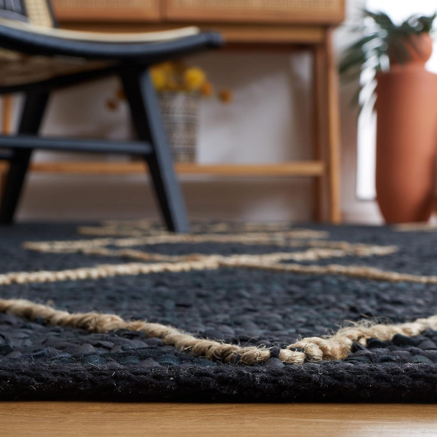 Handmade Black and Natural Cotton Cowhide Square Rug, 6' x 6'