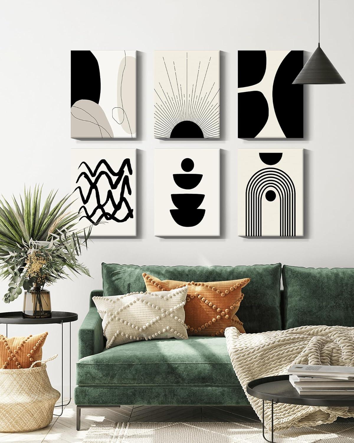 Abstract Boho Wall Art Minimalist Geometric 𝗙𝗿𝗮𝗺𝗲𝗱 Wall Decor 12x16in Boho Room Decor Black Brown Beige Line Art Canvas Painting Mid Century Modern Prints Bohemian Posters for Living Room