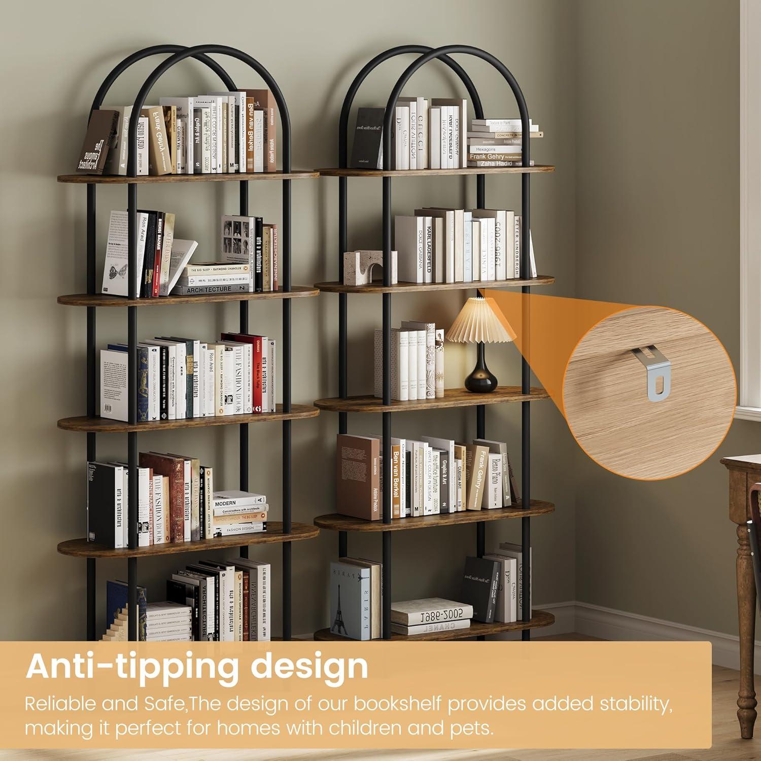 Black and Retro Five-Tier Arched Metal and Wood Bookshelf