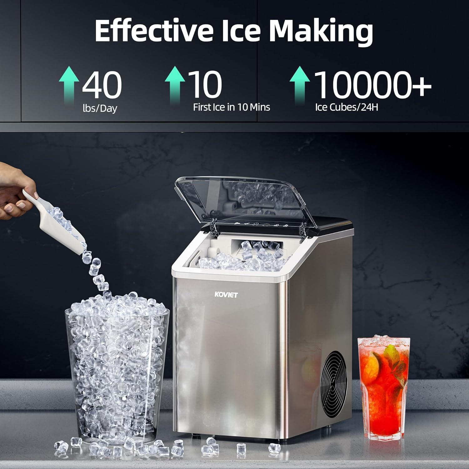 Nugget Ice Maker Countertop, 40lbs/24H Tooth-Friendly Soft Chewable Pebble Ice Machine, Self-Cleaning with Drainpipe, Crushed Pellet Ice Makers for Home Kitchen Party, Stainless Steel